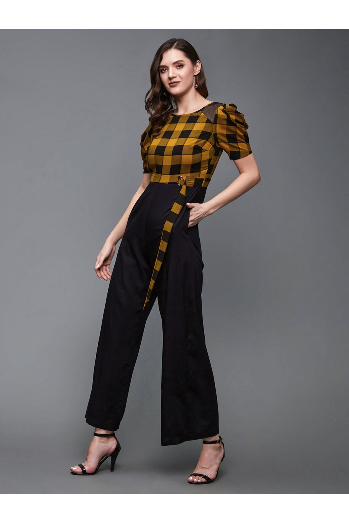 Styli-Checkered Wide Leg Puff Sleeve Jumpsuit 4