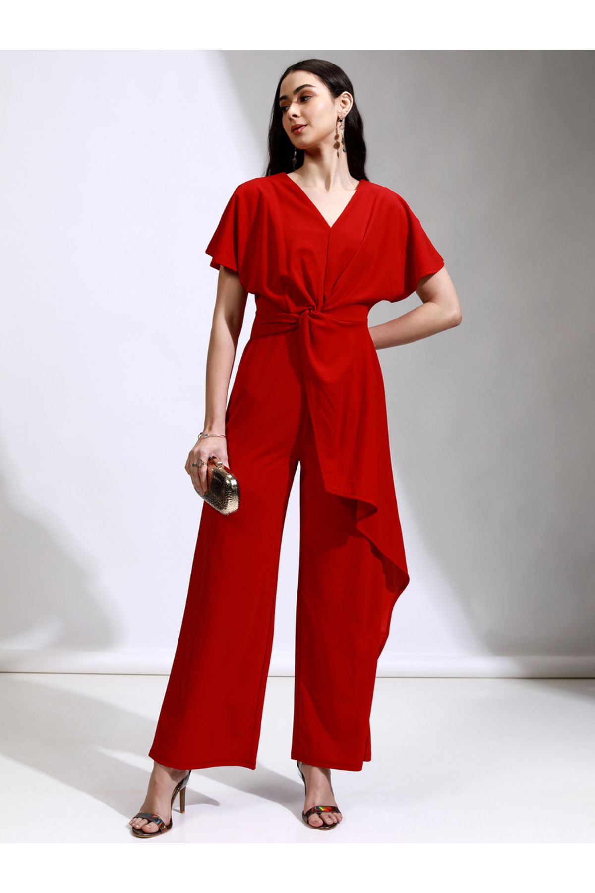 Tokyo Talkies By Styli-Solid Waist Tie-Up Frill Sleeve V-Neck Jumpsuit 2