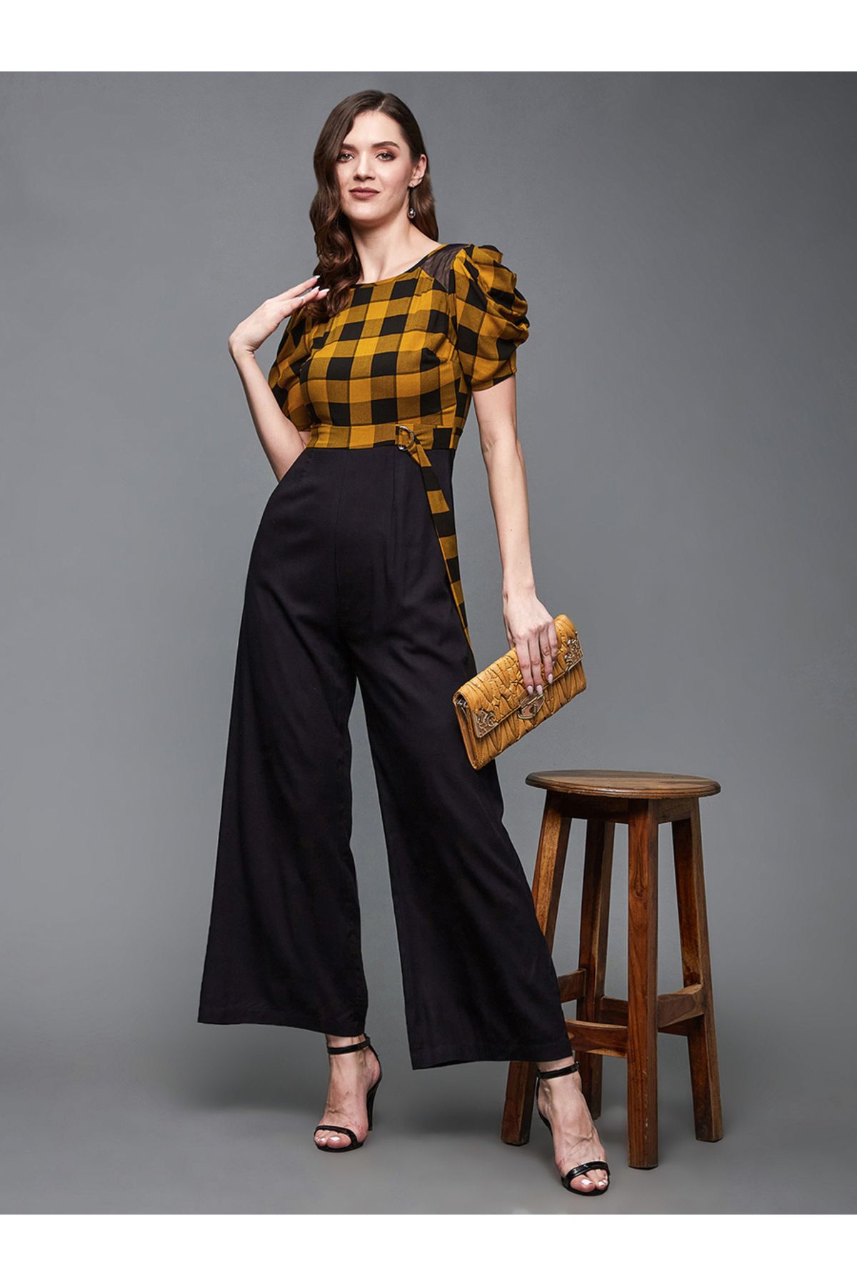 Styli-Checkered Wide Leg Puff Sleeve Jumpsuit 1