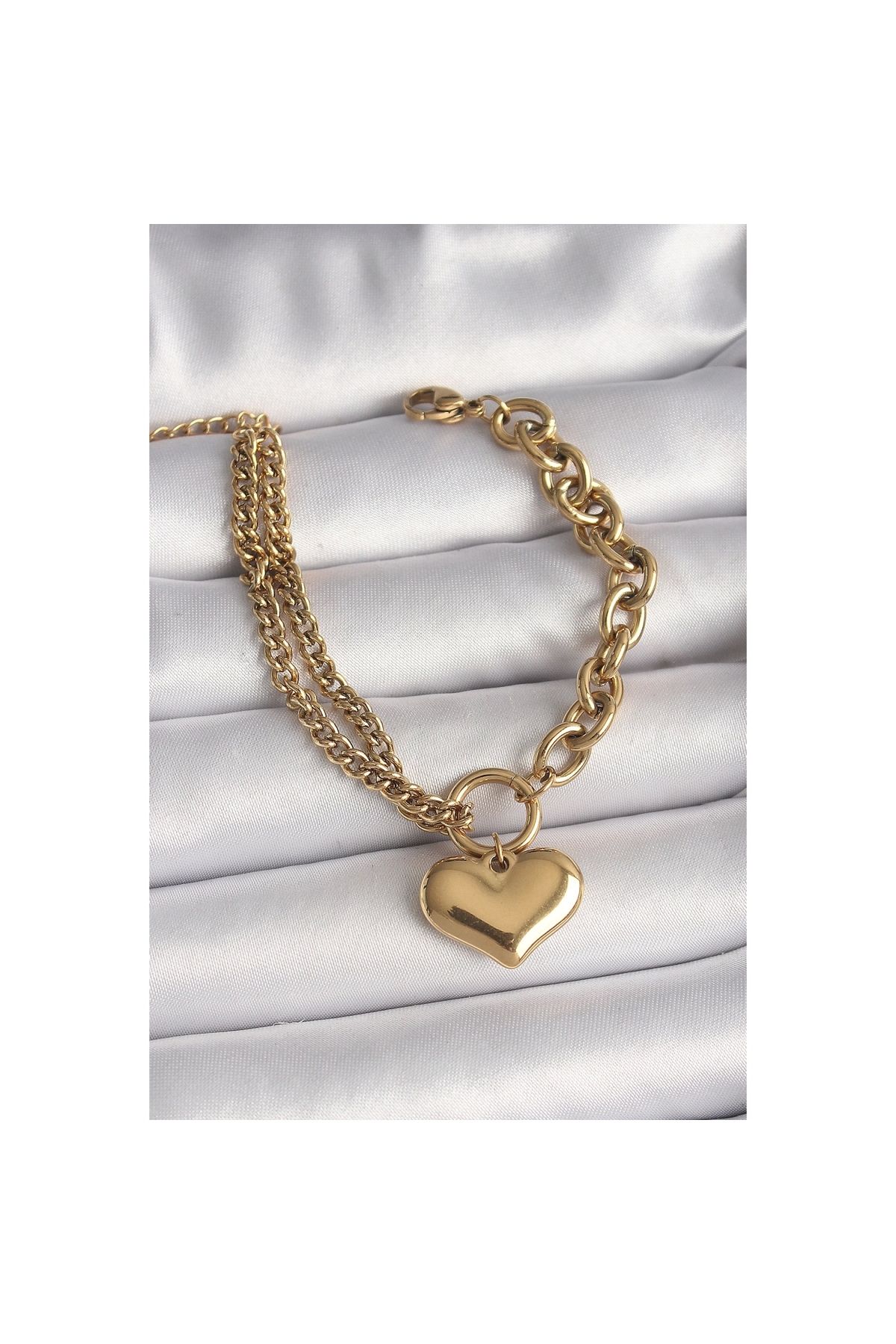 Narnuga 316L Çelik Gold Renk 2'Li Zincir Model Kalp Figür Kadın Bileklik - TJ-BB6727