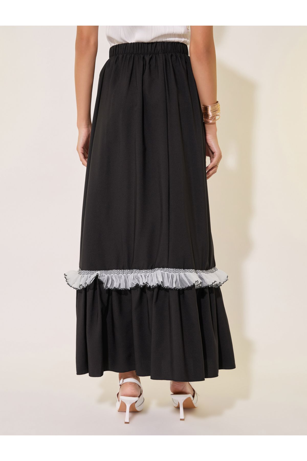 Take Two By Styli-Solid Ruffled Hem Lace Insert A-Line Maxi Skirt 4