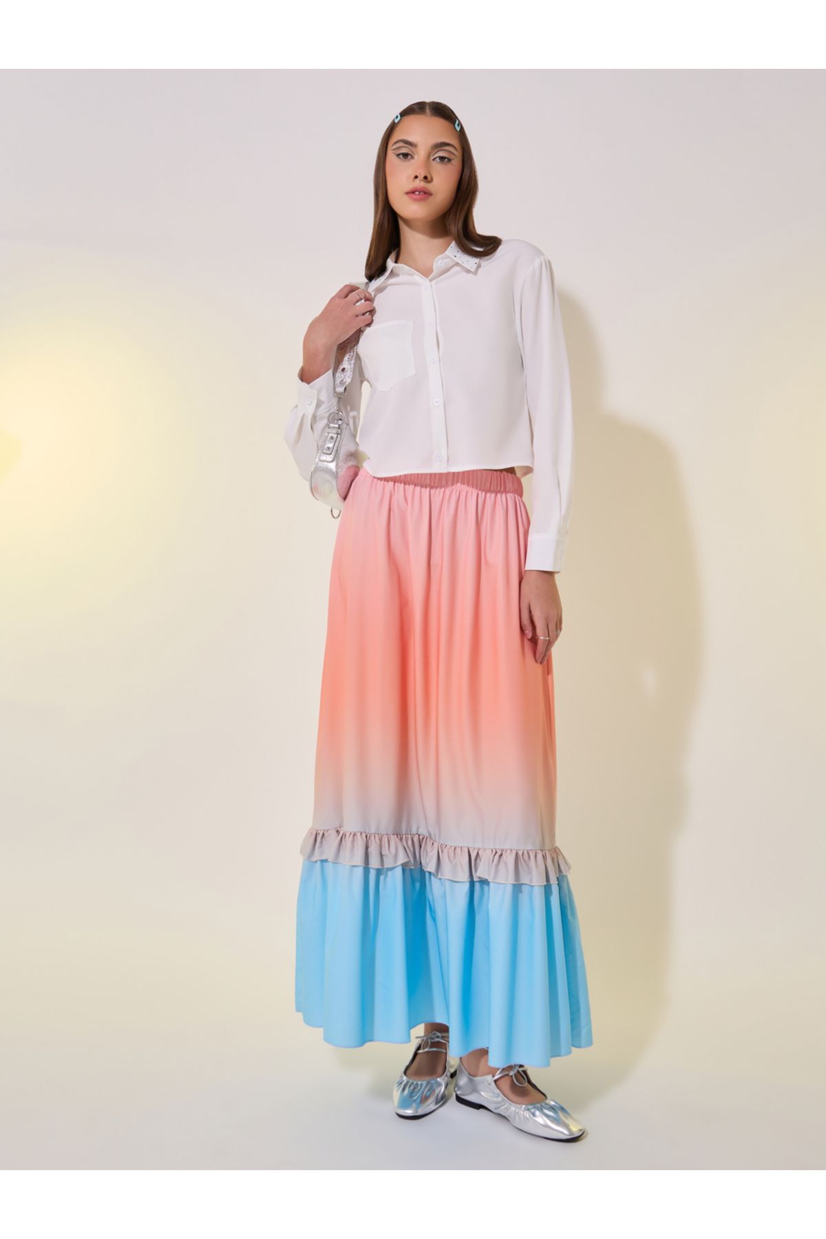 Take Two By Styli-Ombre Print Ruffled Hem A-Line Maxi Skirt 2