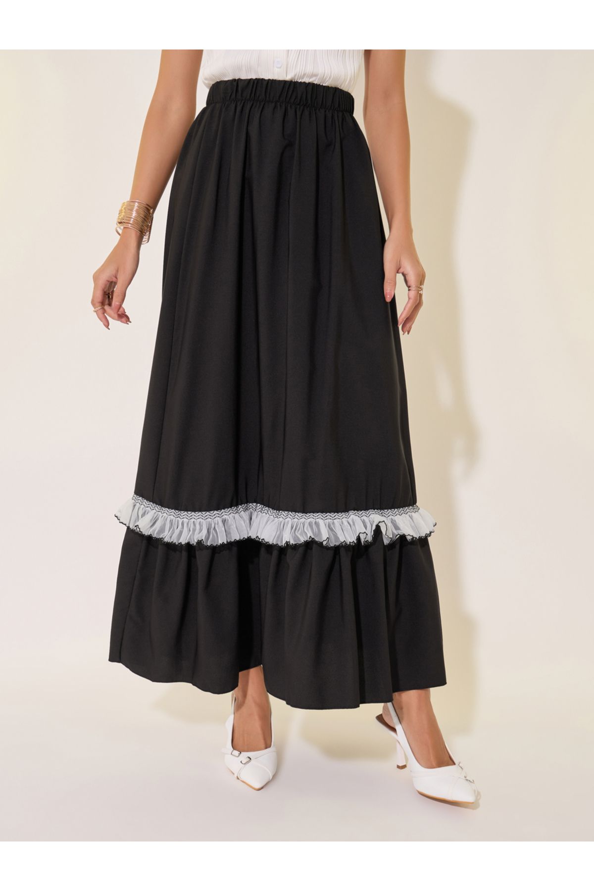 Take Two By Styli-Solid Ruffled Hem Lace Insert A-Line Maxi Skirt 2