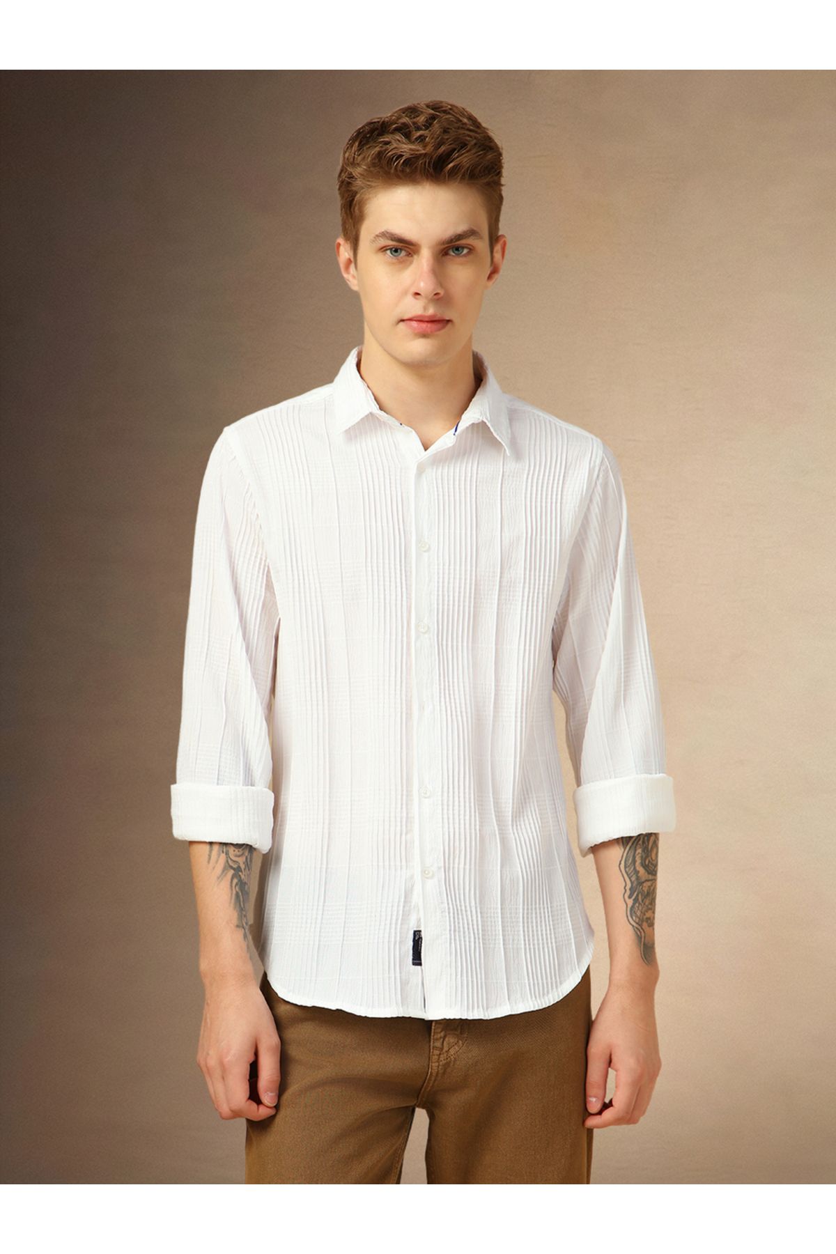 Dennis Lingo By Styli-Relaxed Fit Spread Collar Textured Shirt with Pintuck Detail 6