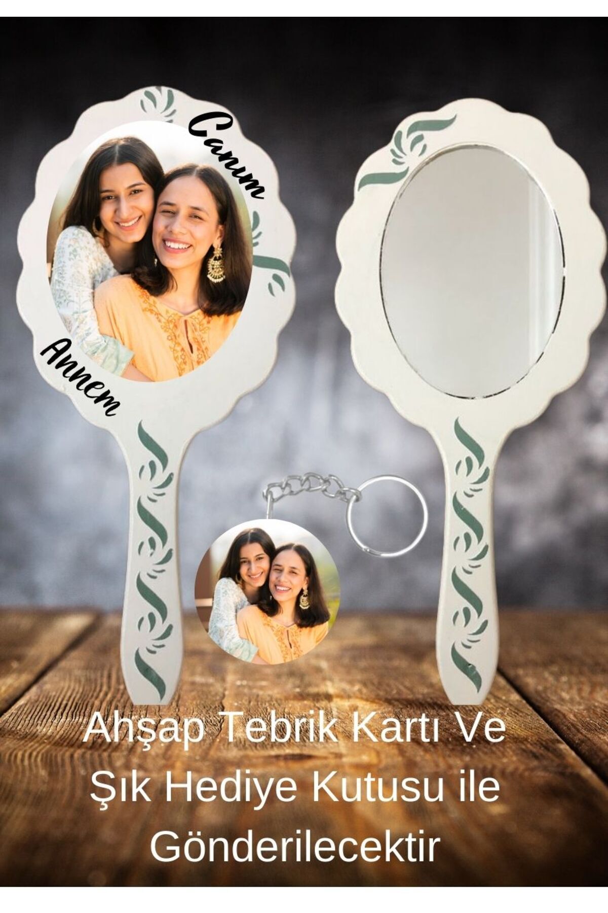 Annenizin Fotoğrafının olduğu Anneler Günü Hediyesi El Aynası+Anahtarlık ( kişiselleştirilmiş ) 3
