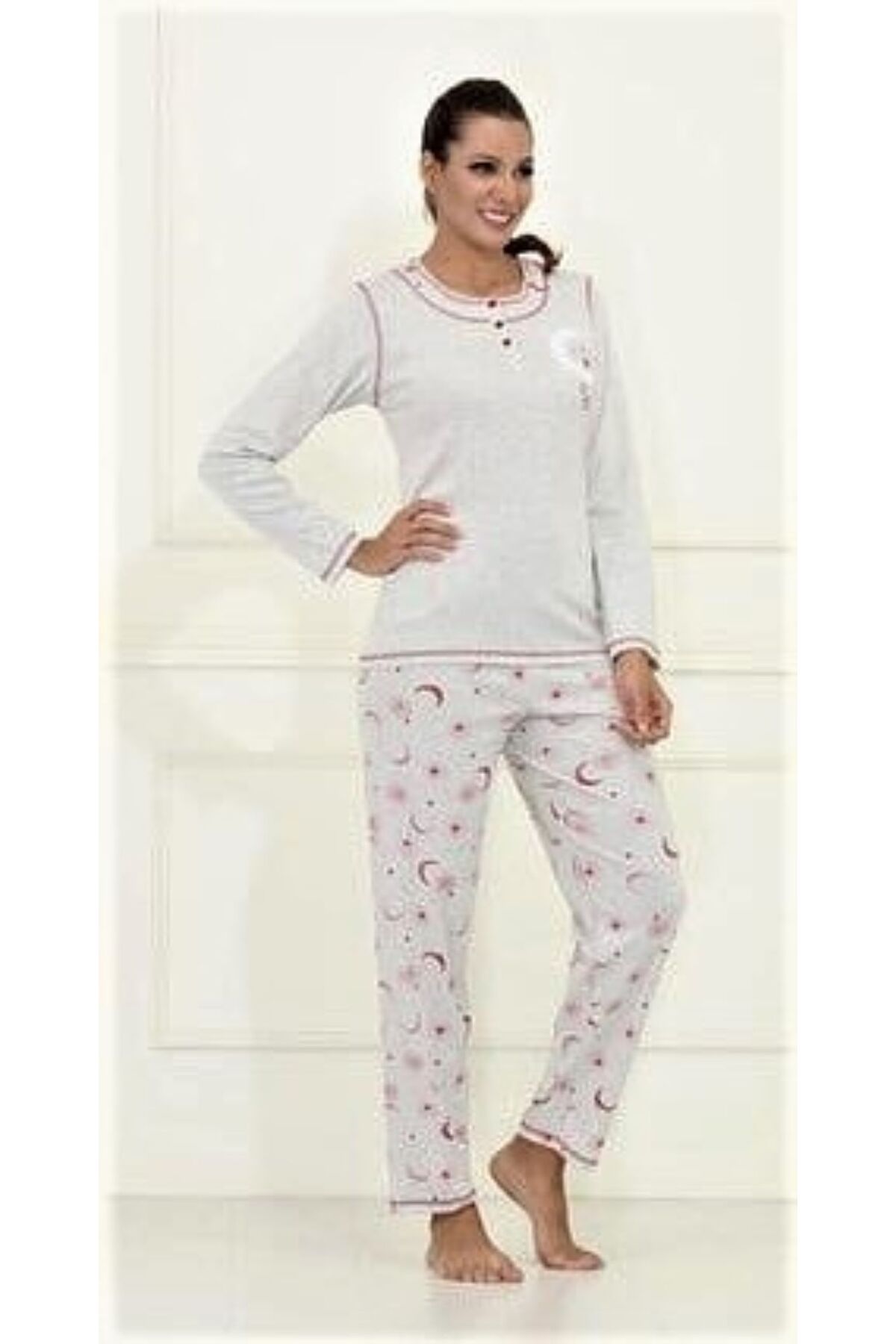 Etoile-Gray Burgundy Patterned Cotton Long Sleeve Pajamas Set 2