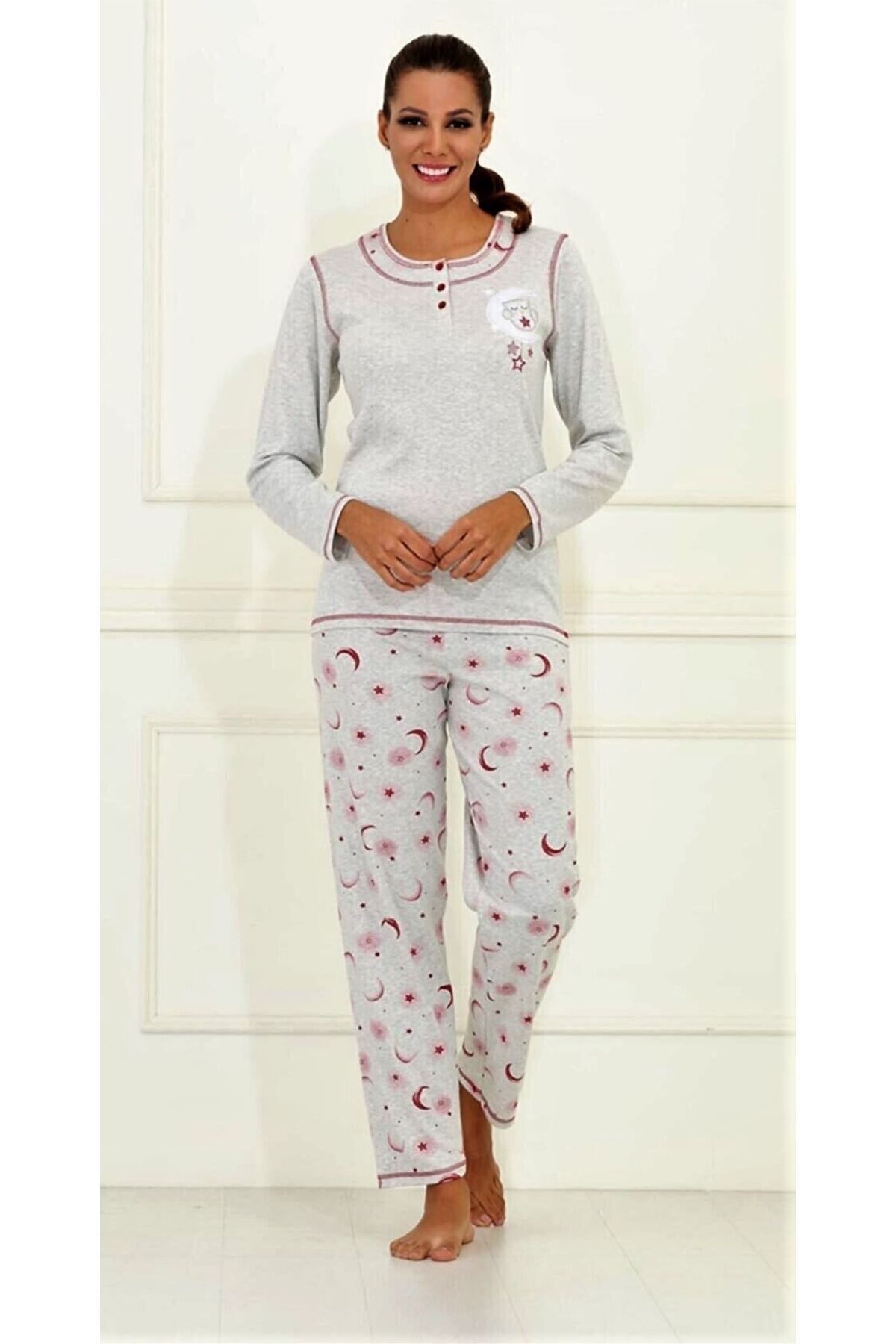 Etoile-Gray Burgundy Patterned Cotton Long Sleeve Pajamas Set 1