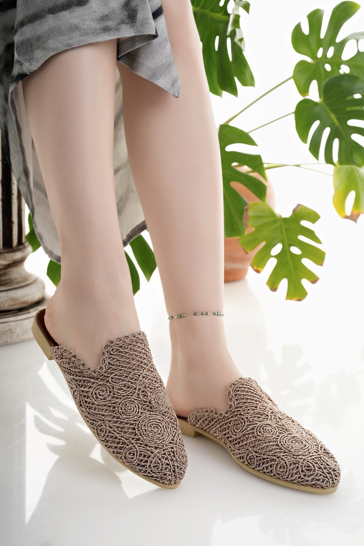 Modafırsat-Women's Slippers Tan Closed Front Knitted Lace Knitwear Embroidery Stylish Straw Summer Home Beach Vacation Slippers 4
