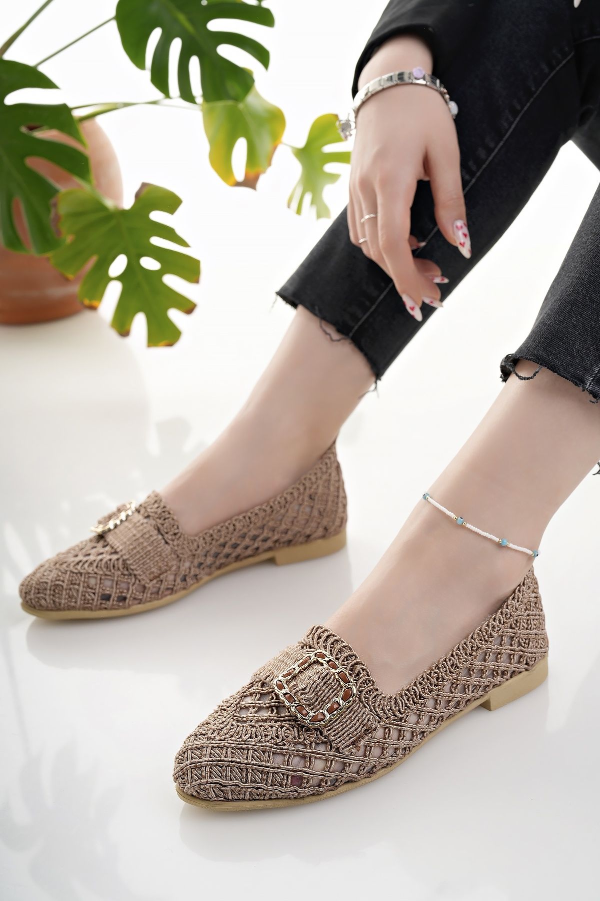 Modafırsat-Women's Ballerina Ballerina Tan Straw Knitted Lace Knitwear Stylish Home Business Office Daily Shoes 3