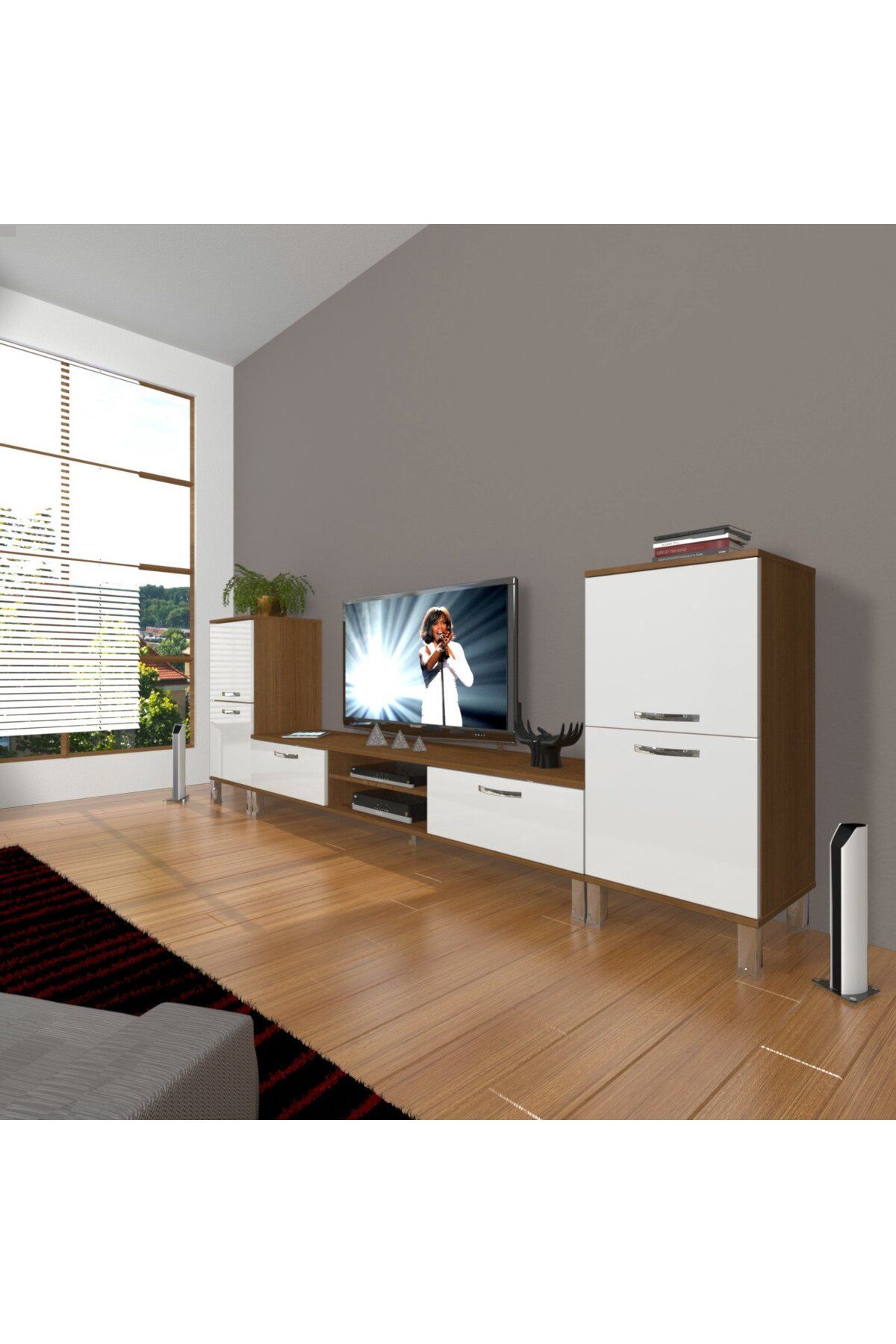 Decoraktiv Eko On2 Mdf Dvd Krom Ayaklı Tv Ünitesi Tv Sehpası - Ceviz - Beyaz
