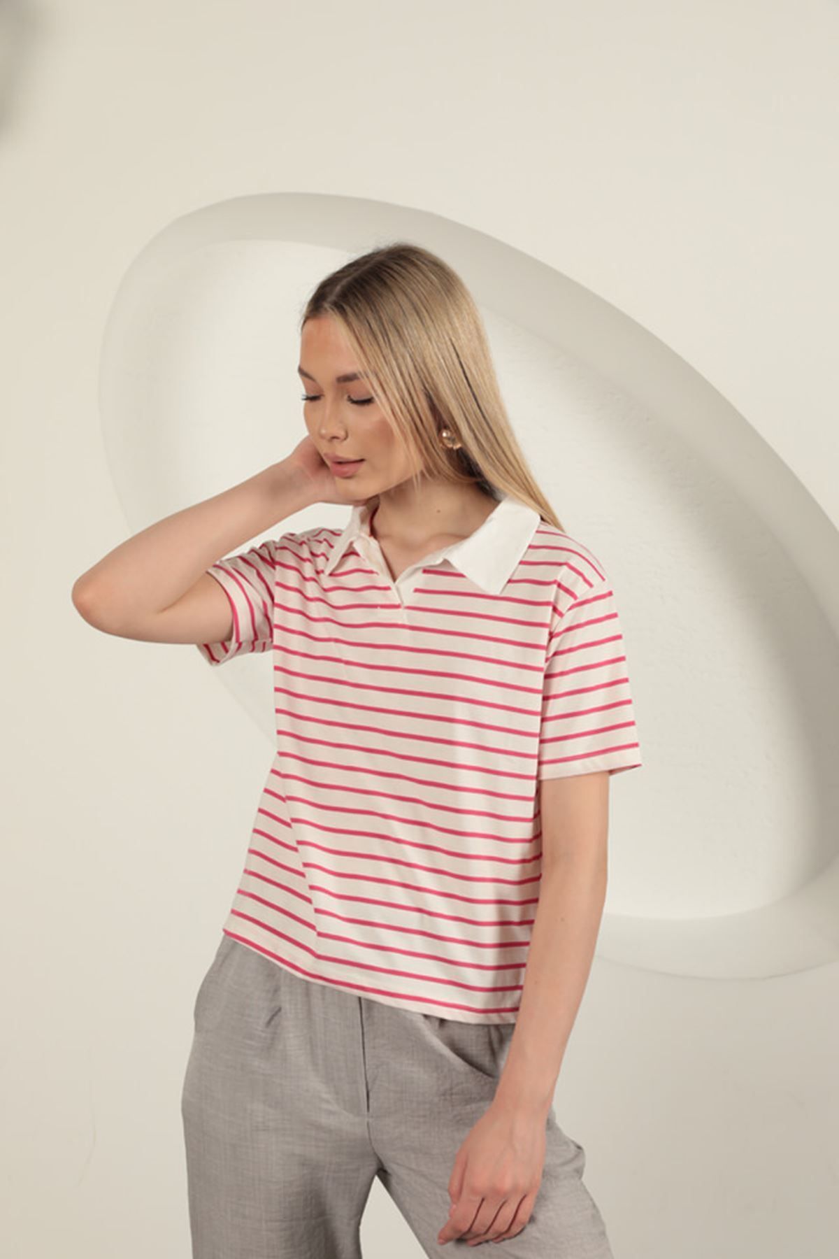 Moka Shopin-Mokashopin Single Jersey Fabric Striped Women's T-Shirt-Fuchsia 4