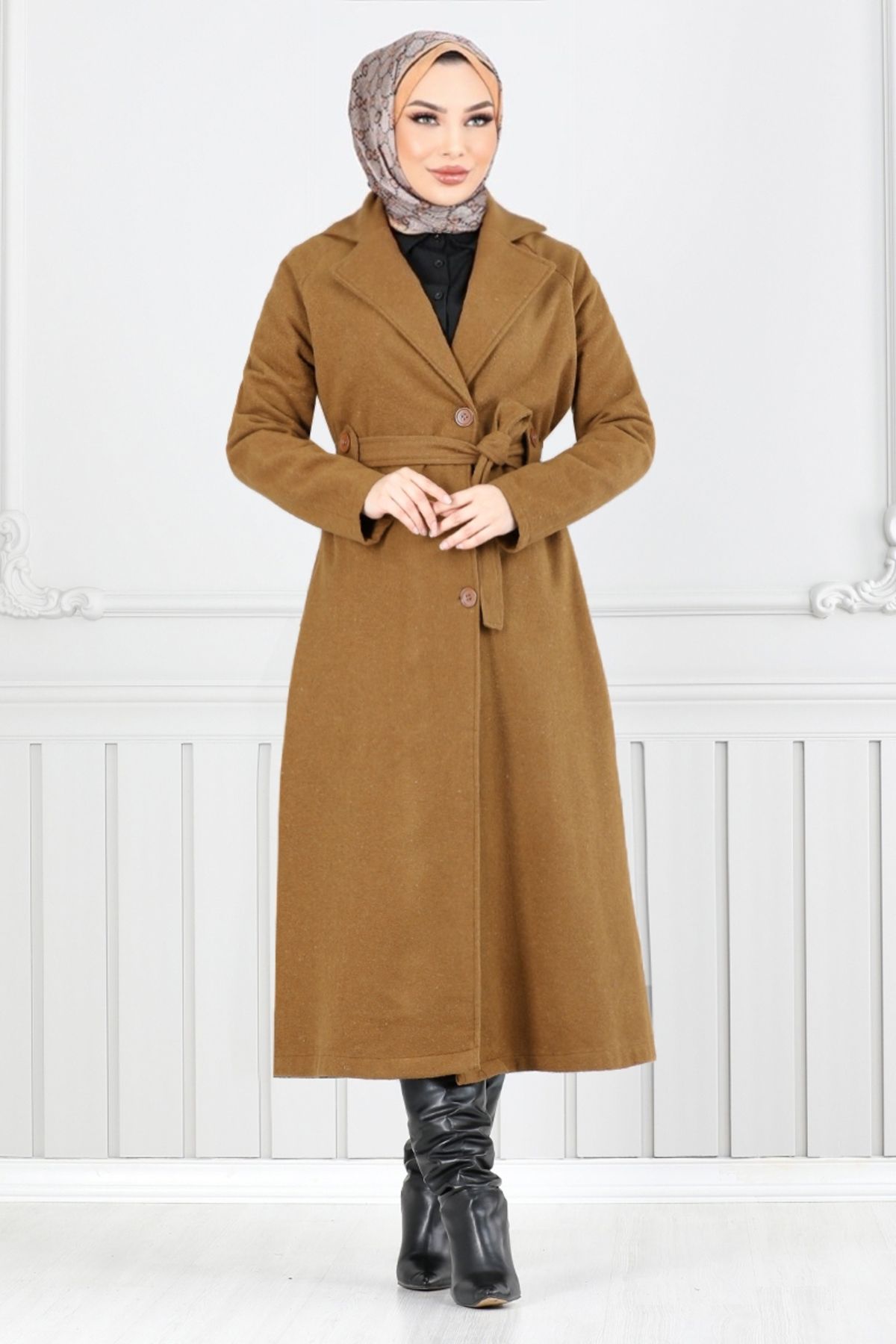 ModaMerve-Double Breasted Collar Stamp Coat 5966Oz1080-M Tan 3