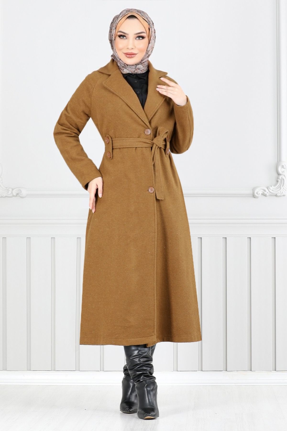 ModaMerve-Double Breasted Collar Stamp Coat 5966Oz1080-M Tan 1