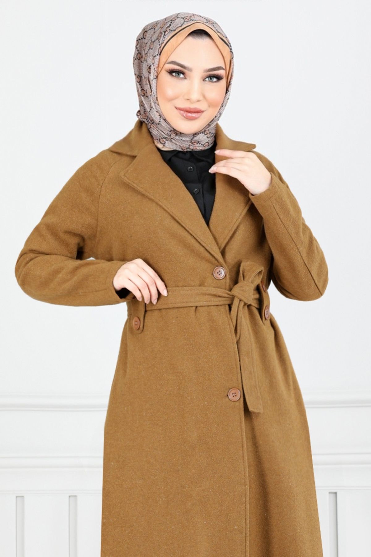 ModaMerve-Double Breasted Collar Stamp Coat 5966Oz1080-M Tan 4