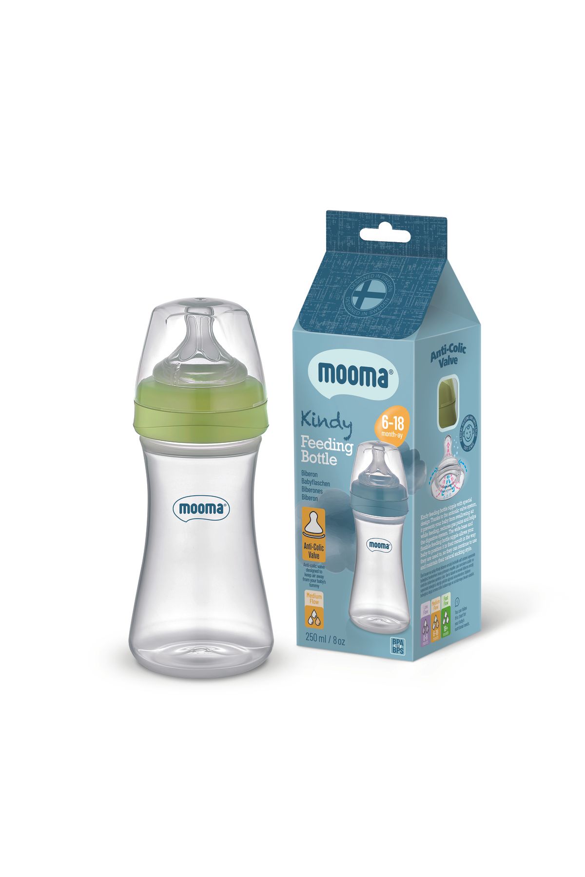 MOOMA Kindy Biberon 250 ml 6-18 Ay (Orta Akış) - Kelly Green