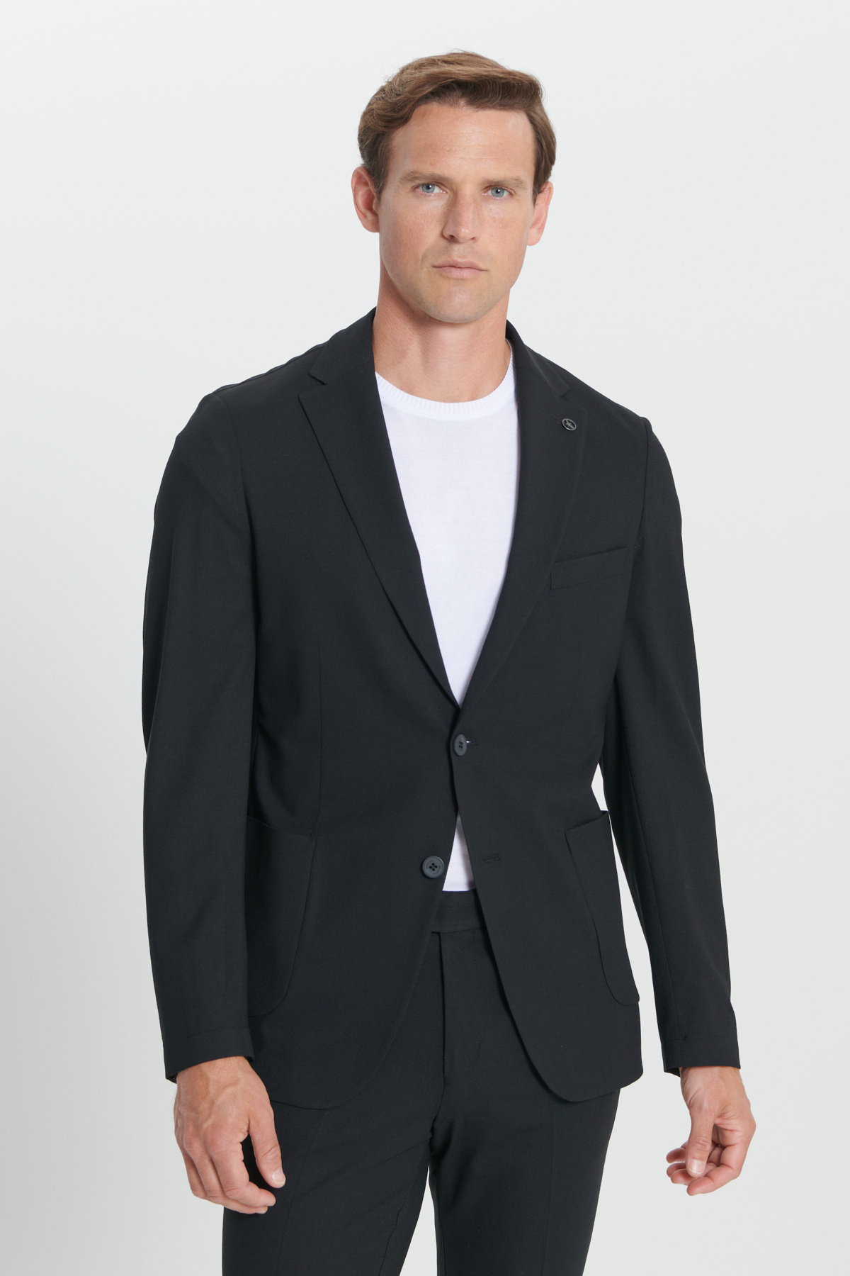 Erkek Siyah Slim Fit Dar Kesim Mono Yaka Yünlü Takım Elbise