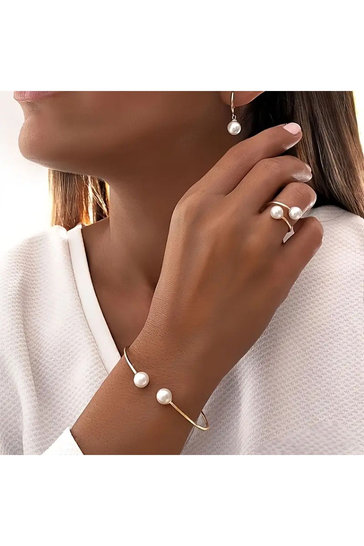 Ayzen-4Pcs Pearl Set Earring Ring Bangle 1