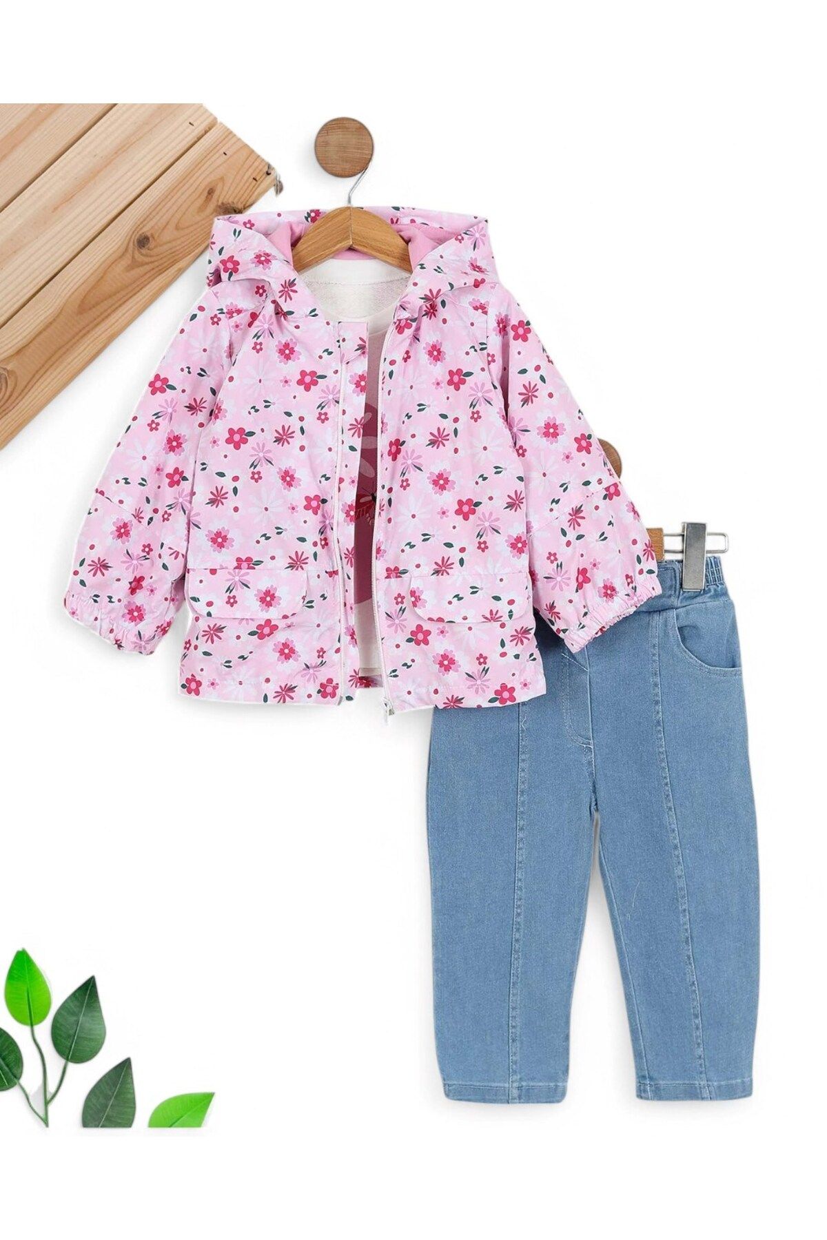 Egelite-Daisy Printed Hooded Raincoat and Jeans Trousers 3 Piece Set for Girls 1