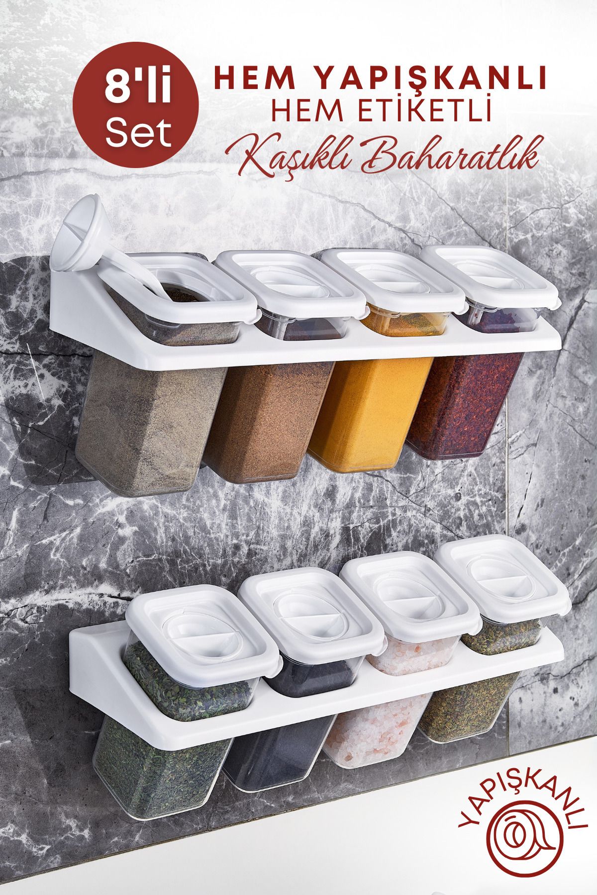 GRİMOR Life-400 ml White Square Set - 8 Pieces with Labels, Stand, Lock and Adhesive 1