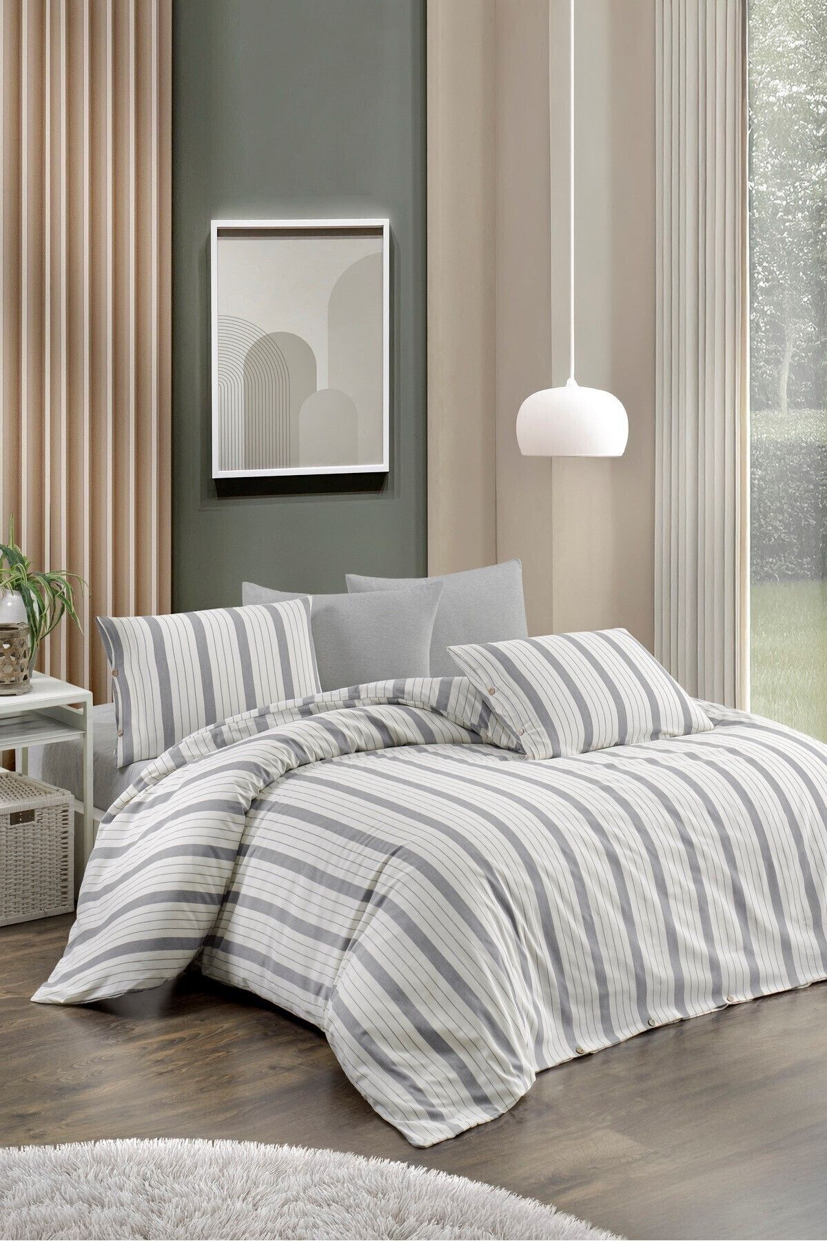 CANDAN ÇEYİZ-Single Sheet Elastic Cotton Natural Fabric Gray Duvet Cover Set with 2 Pillows (with a Gift) 3