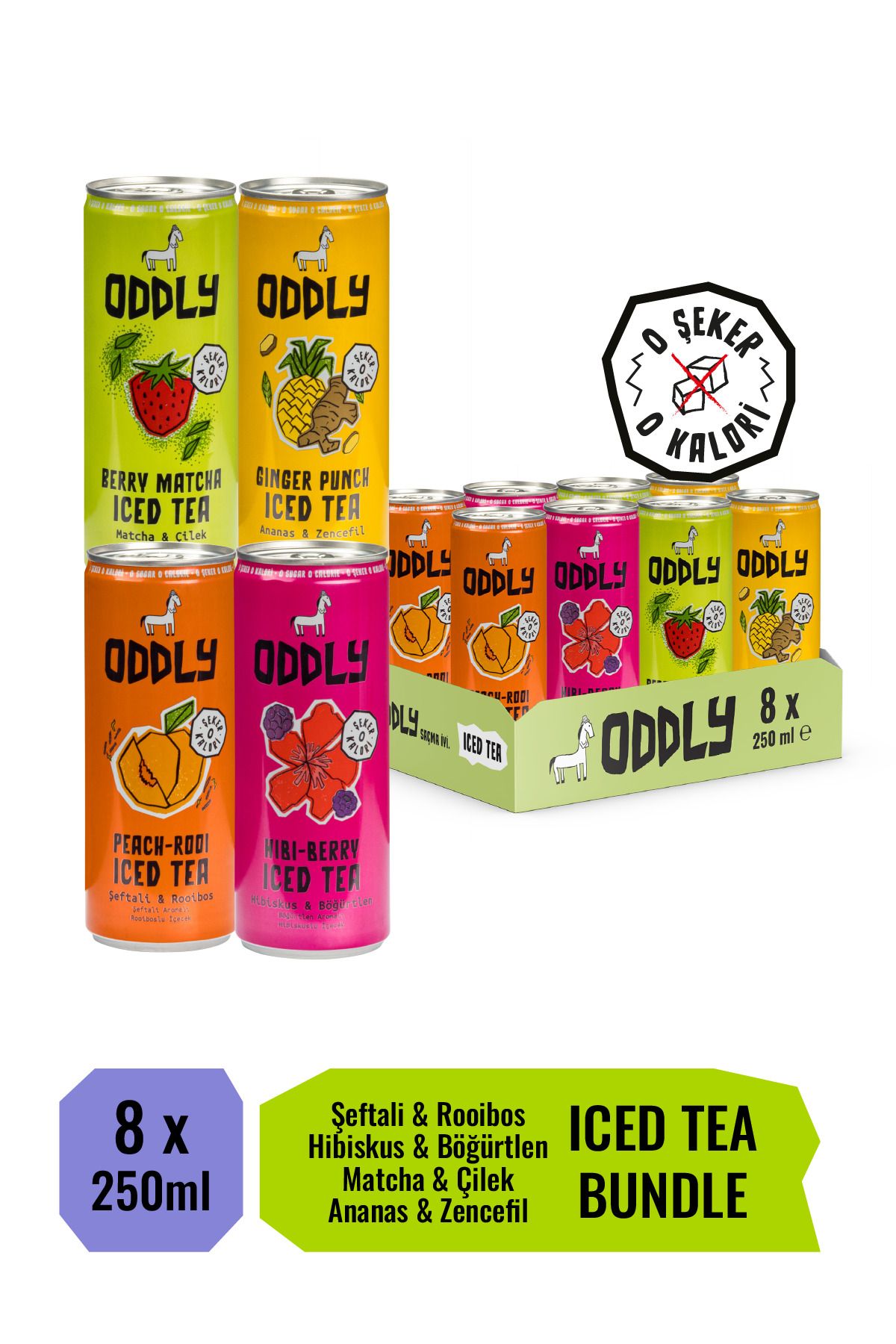 ODDLY Saçma İyi Soğuk Çay Dörtlüsü! Peach-Rooi, Hibi-berry, Ginger-Punch, Berry- Matcha Kutu 250 ml 8 Adet