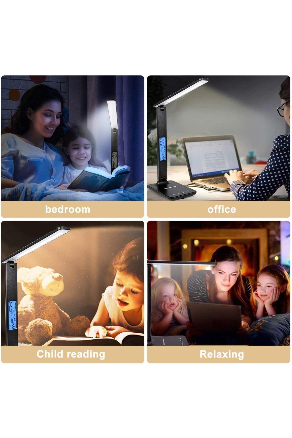 COOYA-مصباح مكتب LED مع شاحن لاسلكي وساعة مدمجة وتقويم ومقياس حرارة وتوقيت تلقائي 6