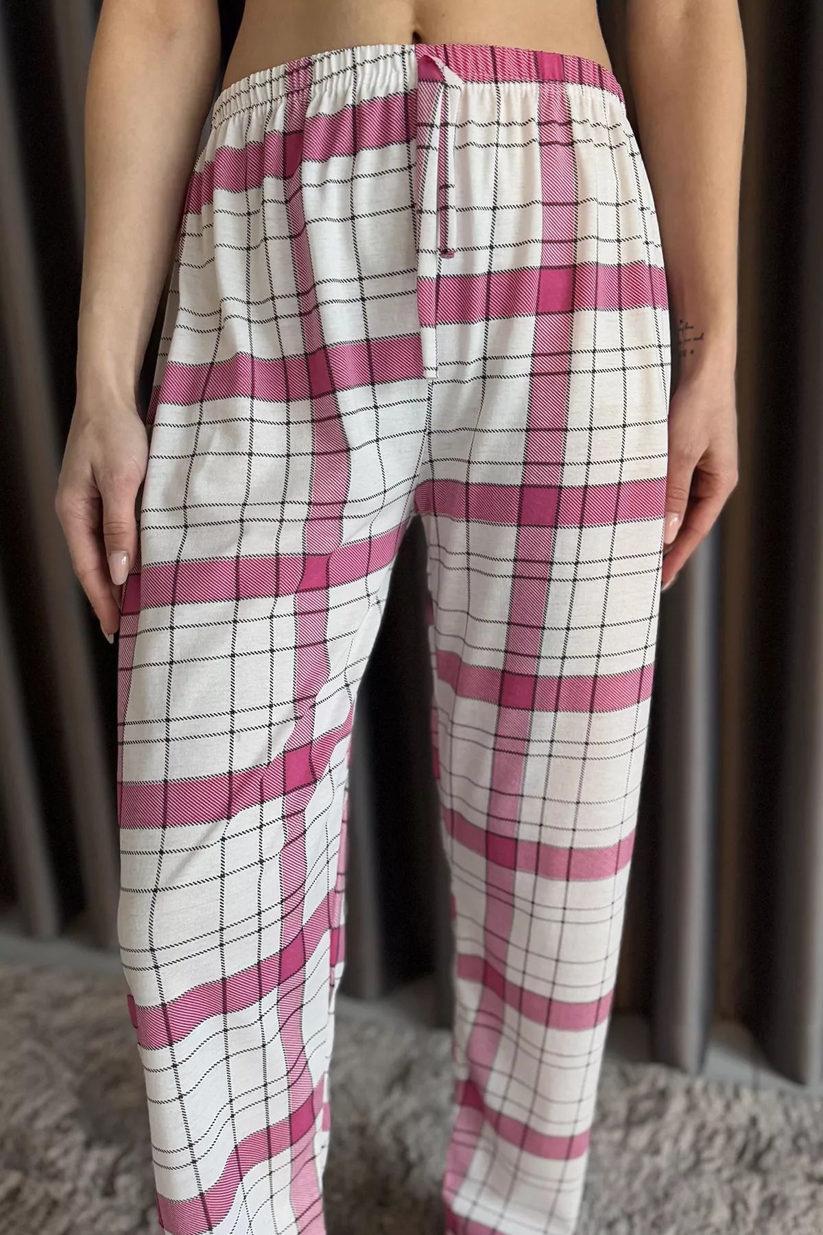 GÜLSELİ-Cream Pink Women's Geometric Patterned Elastic Waist Pajama Bottoms 4