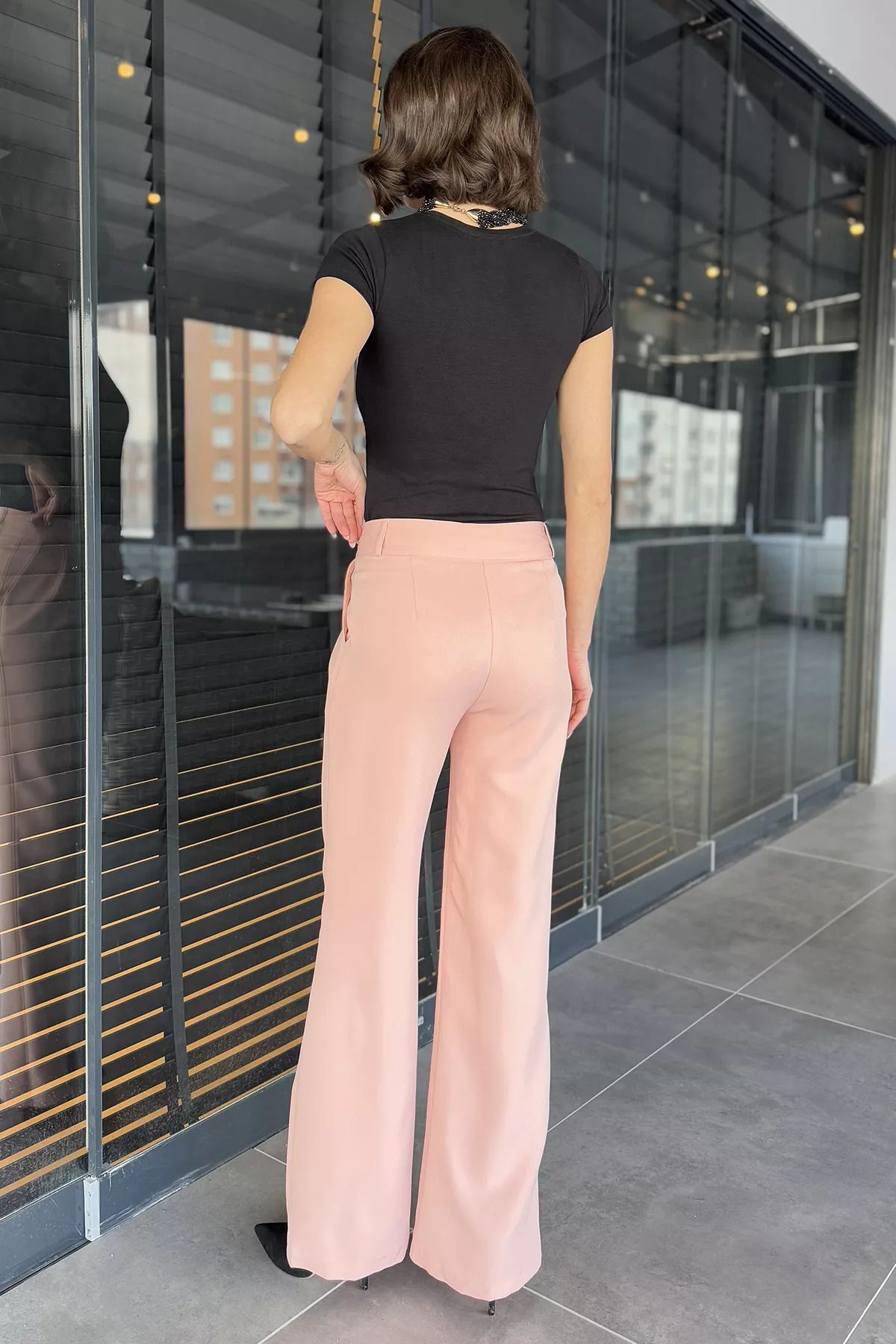 GÜLSELİ-Pantaloni de damă din țesătură cu talie pudra cu velcro 4