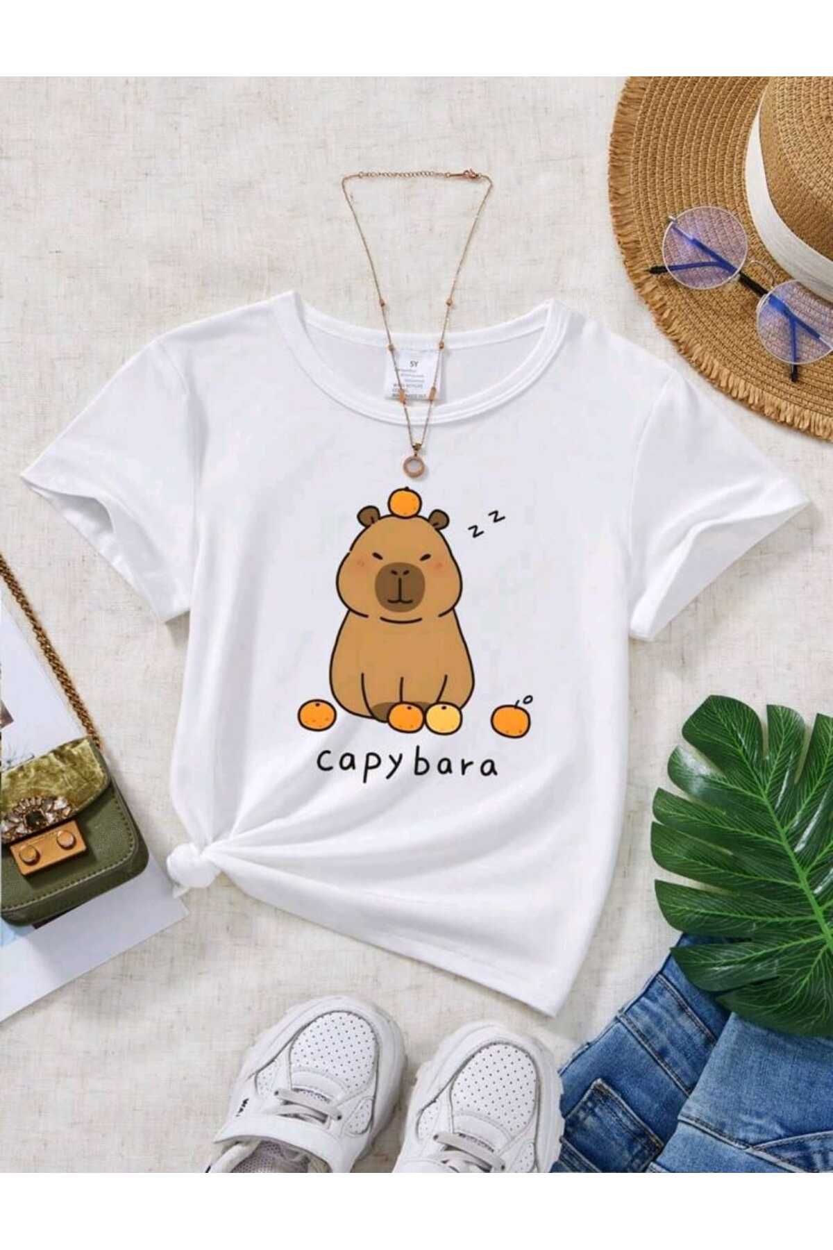 FAVORİST-Children's Capy Bara Printed Crew Neck Cotton T-Shirt 2