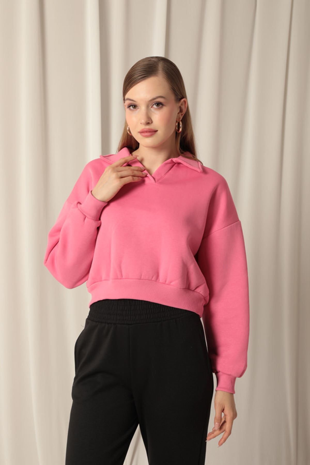 Znd Fashion-Three Thread Placket Collar Short Women's Pink Sweat 5