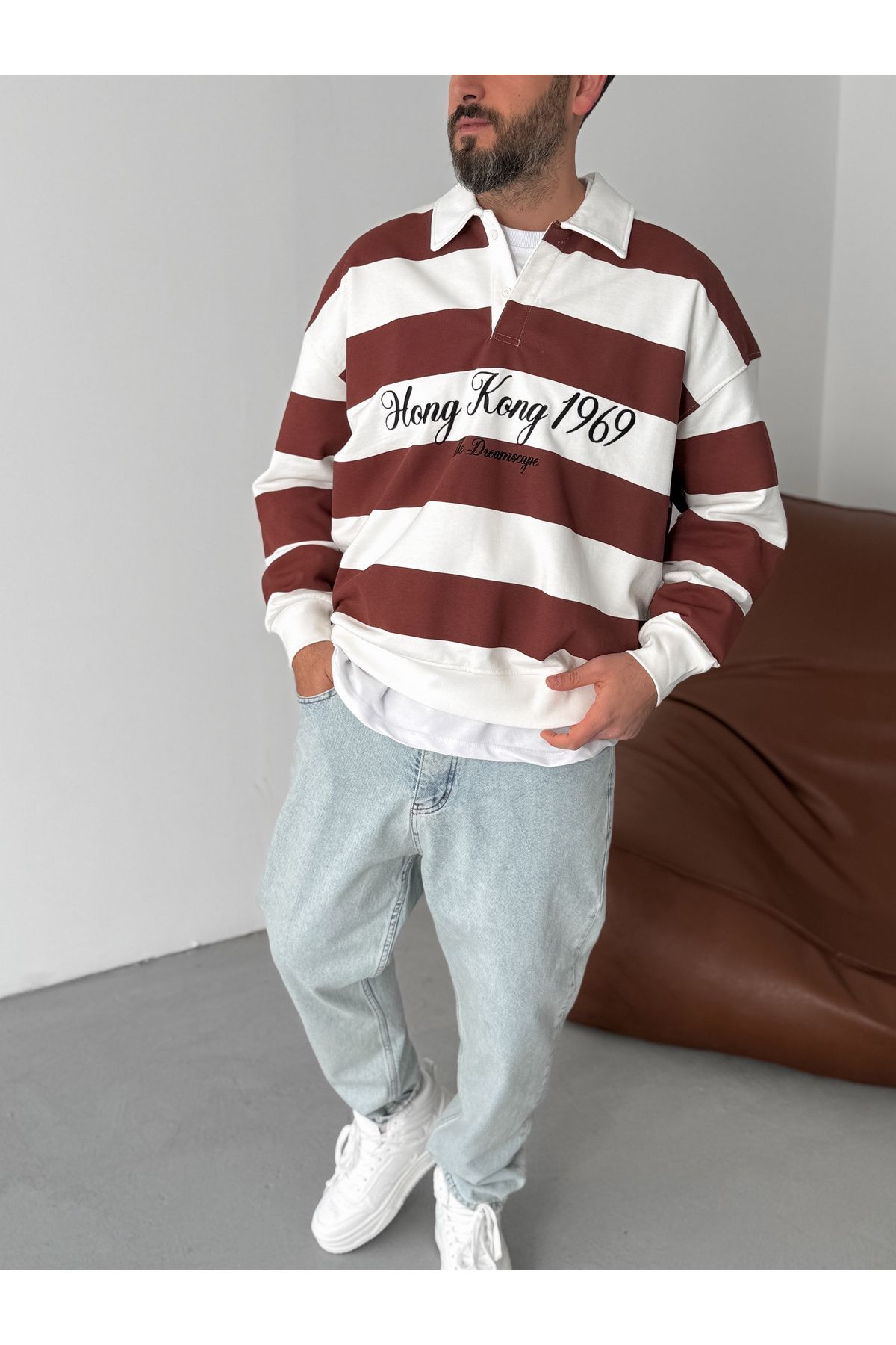 BYBASICMAN-Hong Kong Embroidered Sweat - Brown Striped Jj-102 1