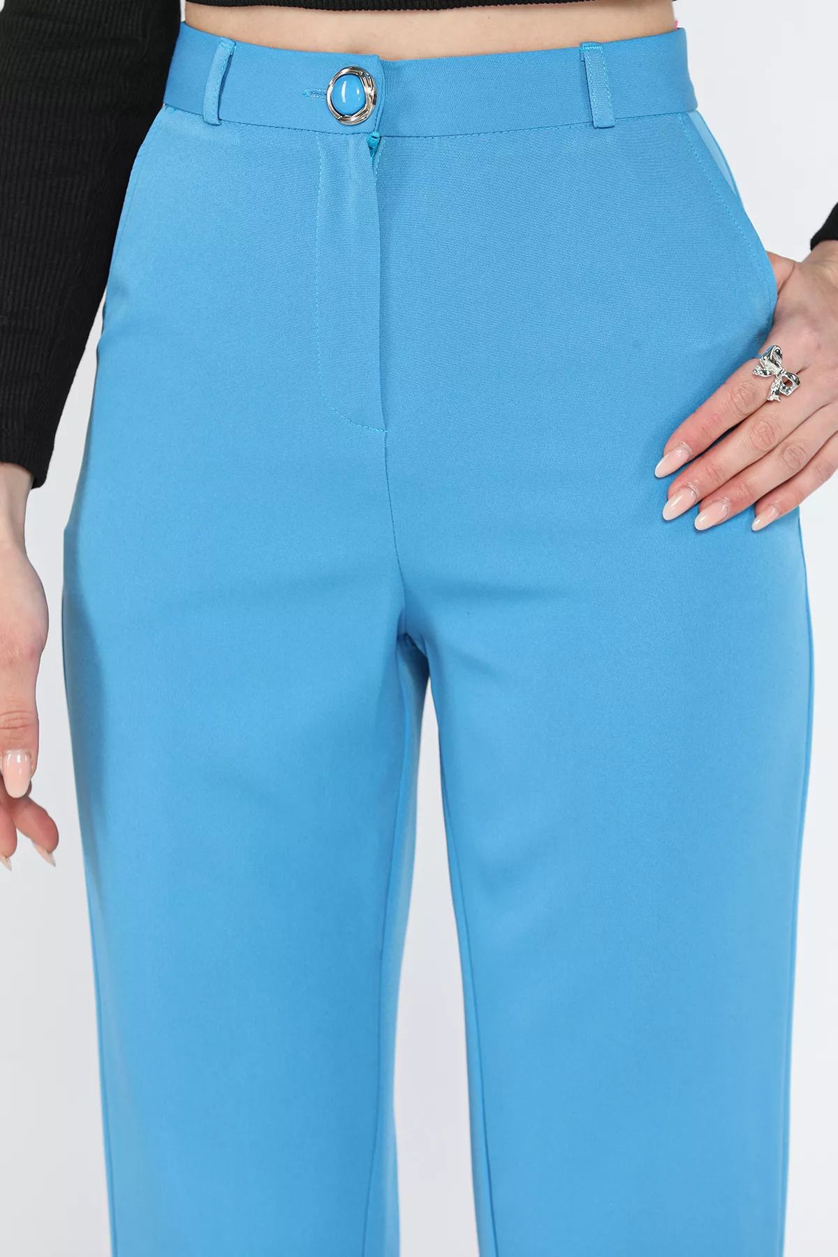 GÜLSELİ-Blue Women's Fabric Trousers 4