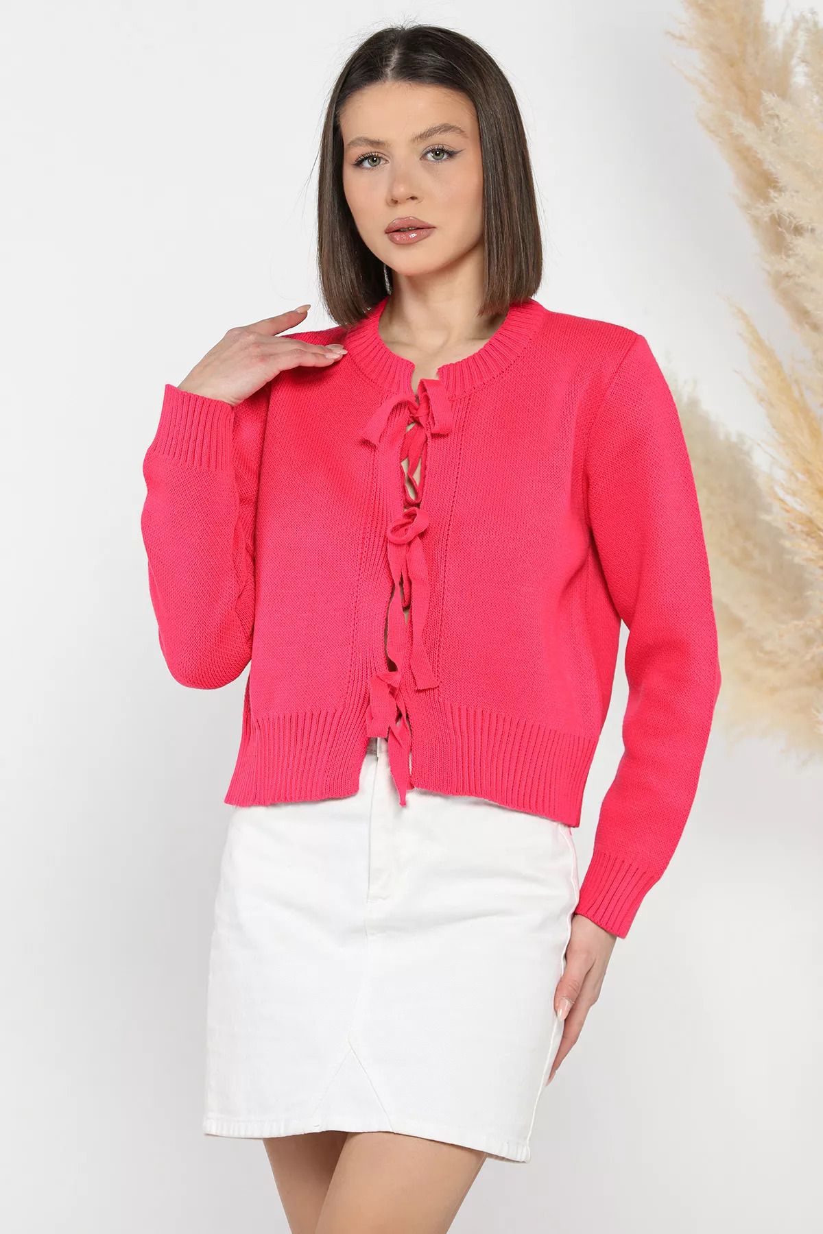 GÜLSELİ-Fuchsia Women's Front Tie Knitwear Jacket 2