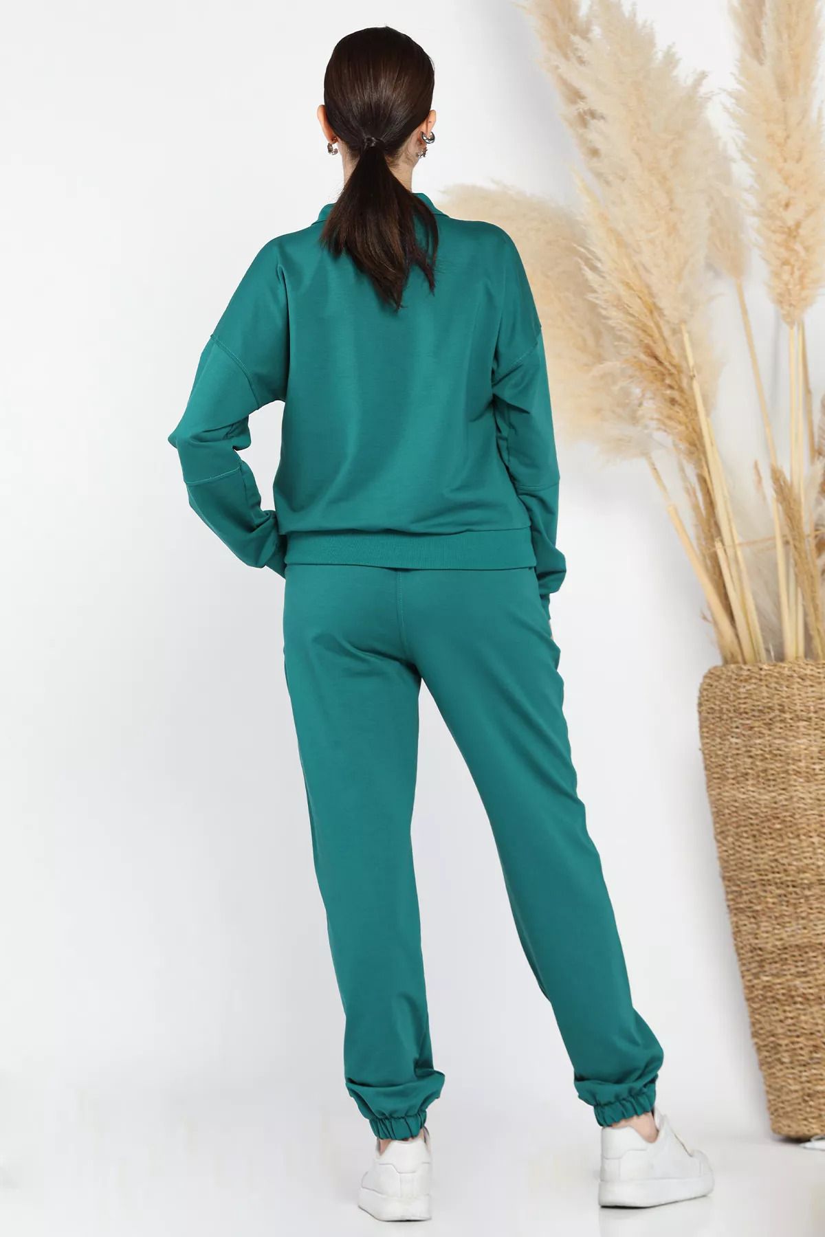 GÜLSELİ-Emerald Green Women's Stand Collar Half Zipper Sweat Pants Tracksuit Set 3