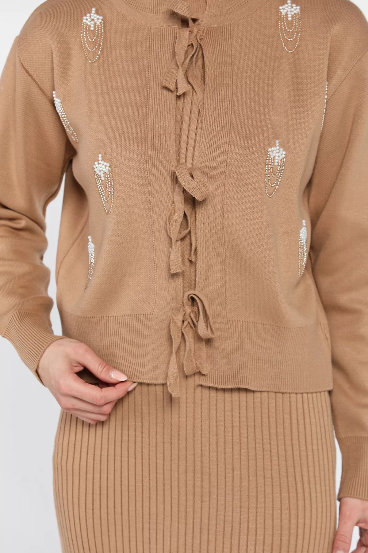 GÜLSELİ-Women's Pearl Knitwear - Stone Embroidered Biscuit Cardigan, Two-Piece Set 5