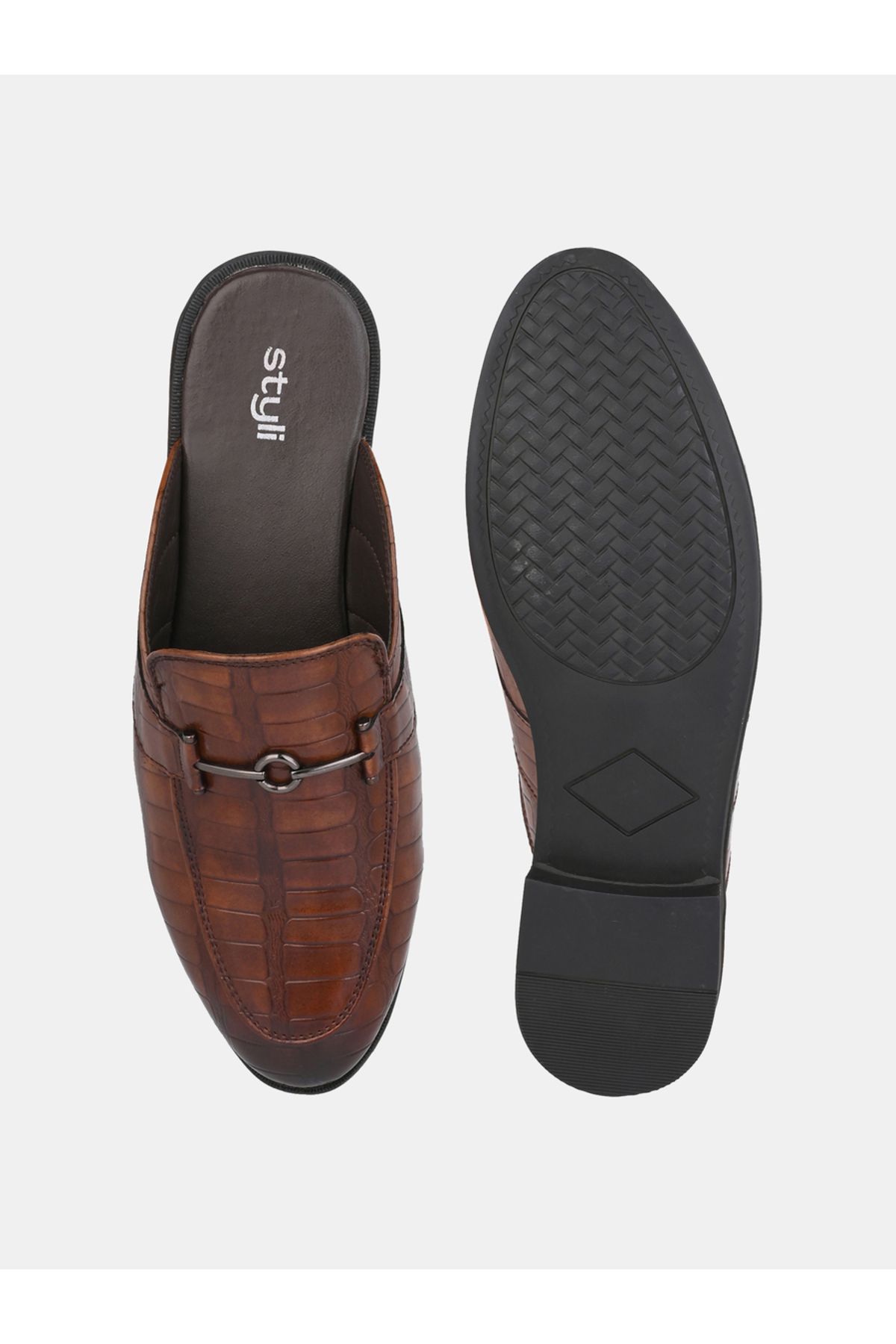 Styli-Croc Texture Faux Leather Metal Accent Mules 6