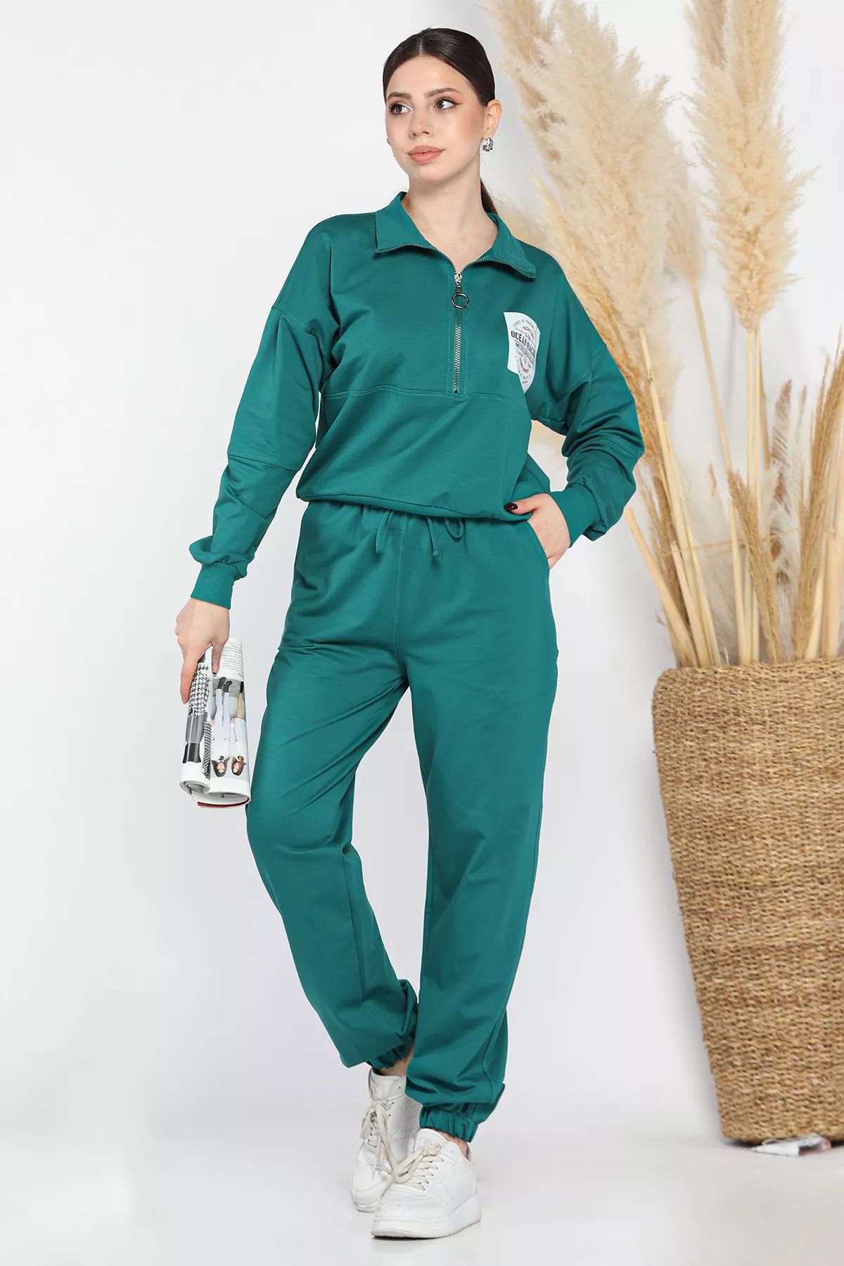 GÜLSELİ-Emerald Green Women's Stand Collar Half Zipper Sweat Pants Tracksuit Set 1