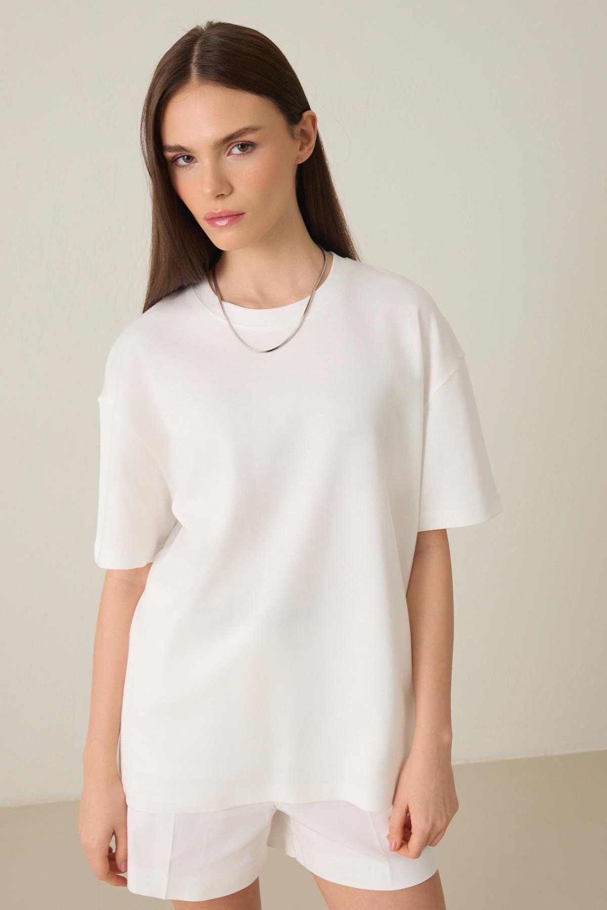 Setre-Ecru 100% Cotton Crew Neck Basic Short Sleeve Oversize T-Shirt 3