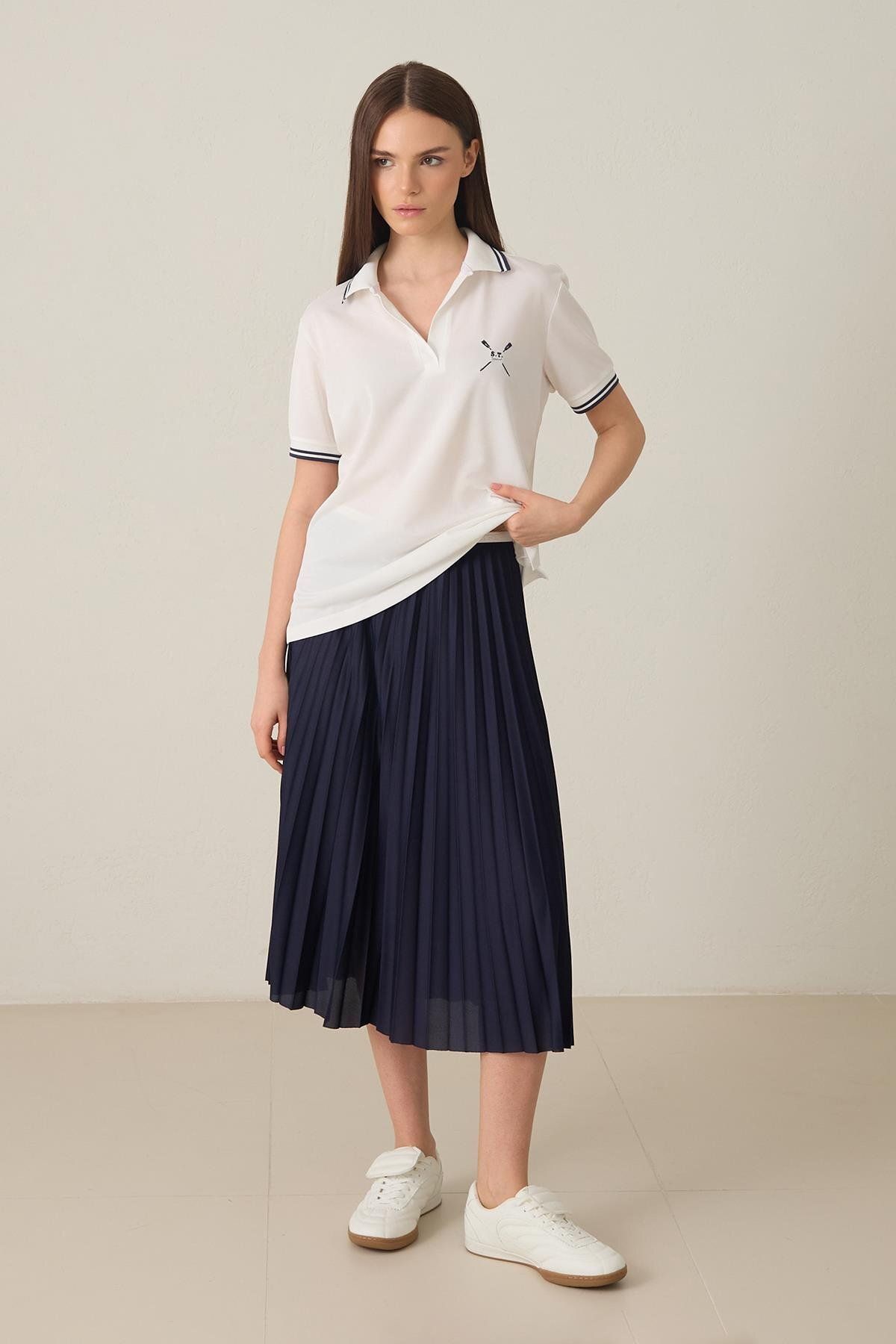 Setre-Ecru-Navy Collar and Stripe Detailed Mini Embroidered T-Shirt 1