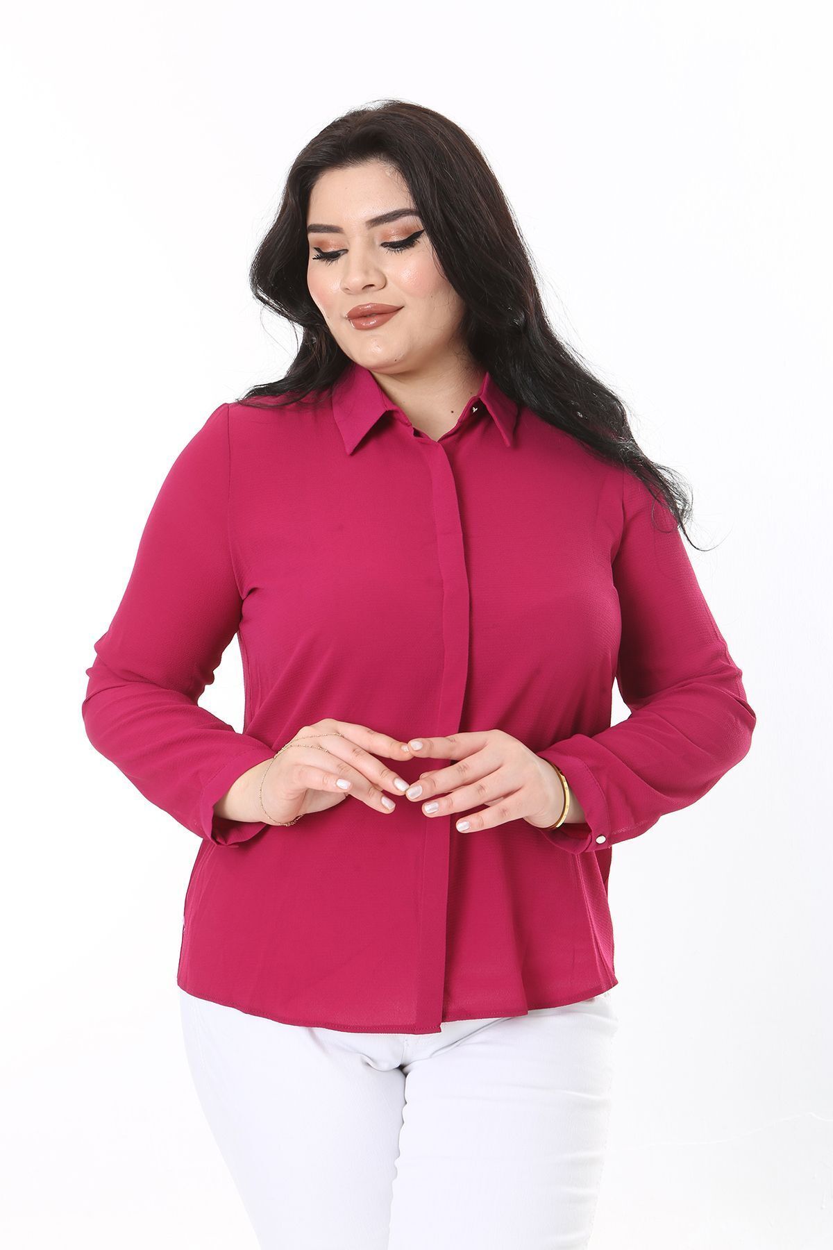 Şans-Plus Size Fujya Blouse - Hidden Placket and Front Button Detail 65N38019 4