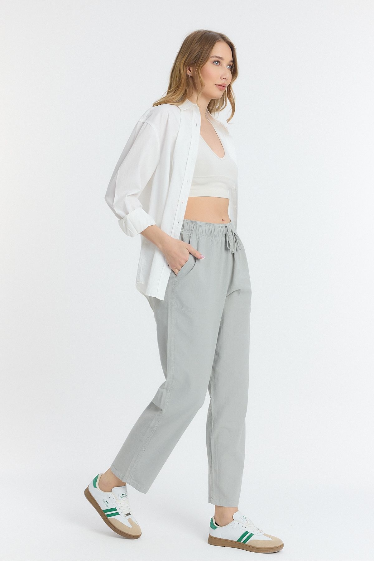 COMBİNE MİCHAİL-Linen Blended Loose Fitting Gray Trousers 4