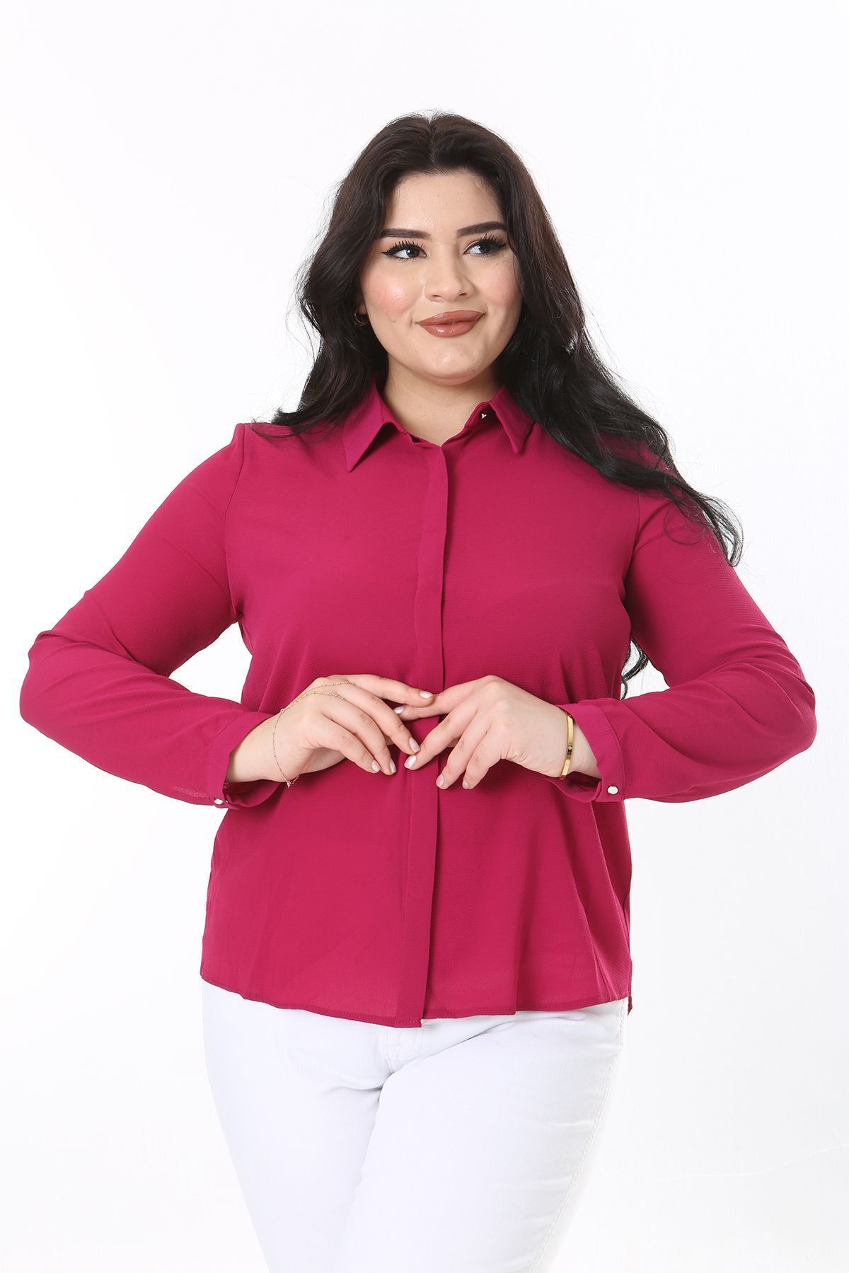 Şans-Plus Size Fujya Blouse - Hidden Placket and Front Button Detail 65N38019 6