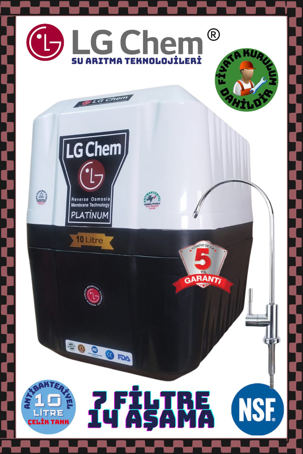 ligth gastro LG Chem ÜCRETSİZ MONTAJ PLATINUM 10 Litre 7 Filtre 14 Aşama GÜMÜŞ İYON TATLANDIRICI SU ARITMA CİHAZI
