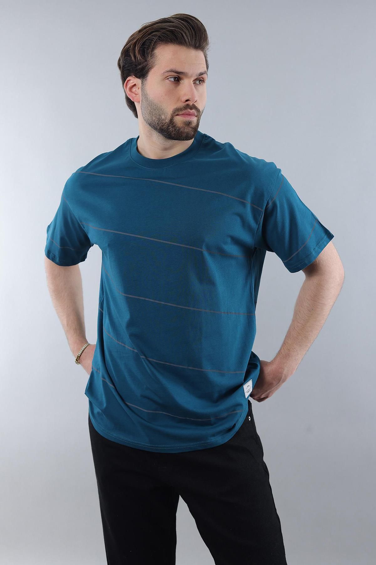 Madmext-Ανδρικό μπλουζάκι Petrol Blue Crew Neck Basic ριγέ E7102 4