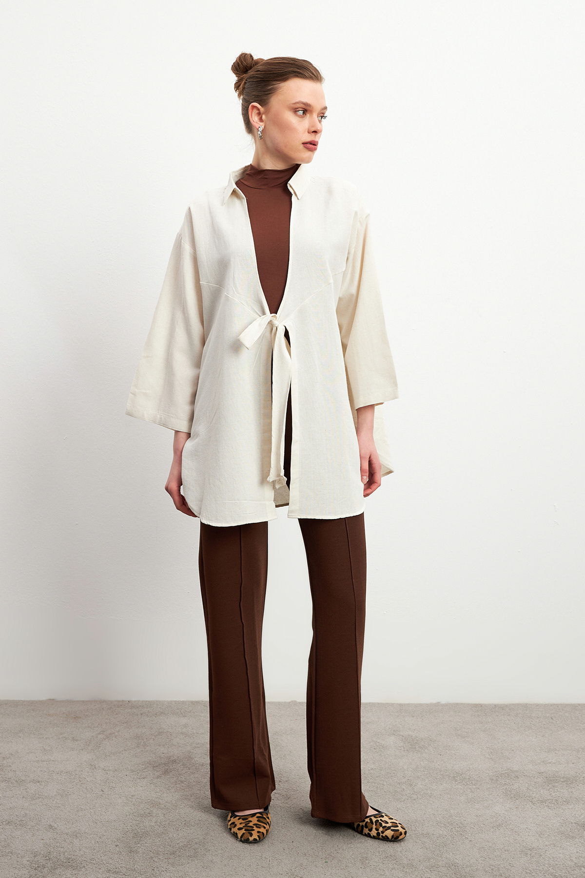 Women's Ecru Tie Detailed Flam Linen Kimono
