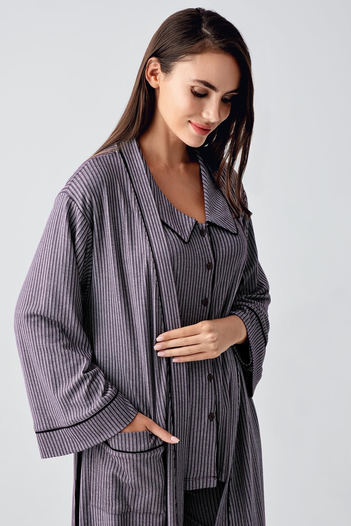 Artış-Baby Lapel Buttoned Long Sleeve Maternity Dressing Gown Sleepwear Suit 23111 5