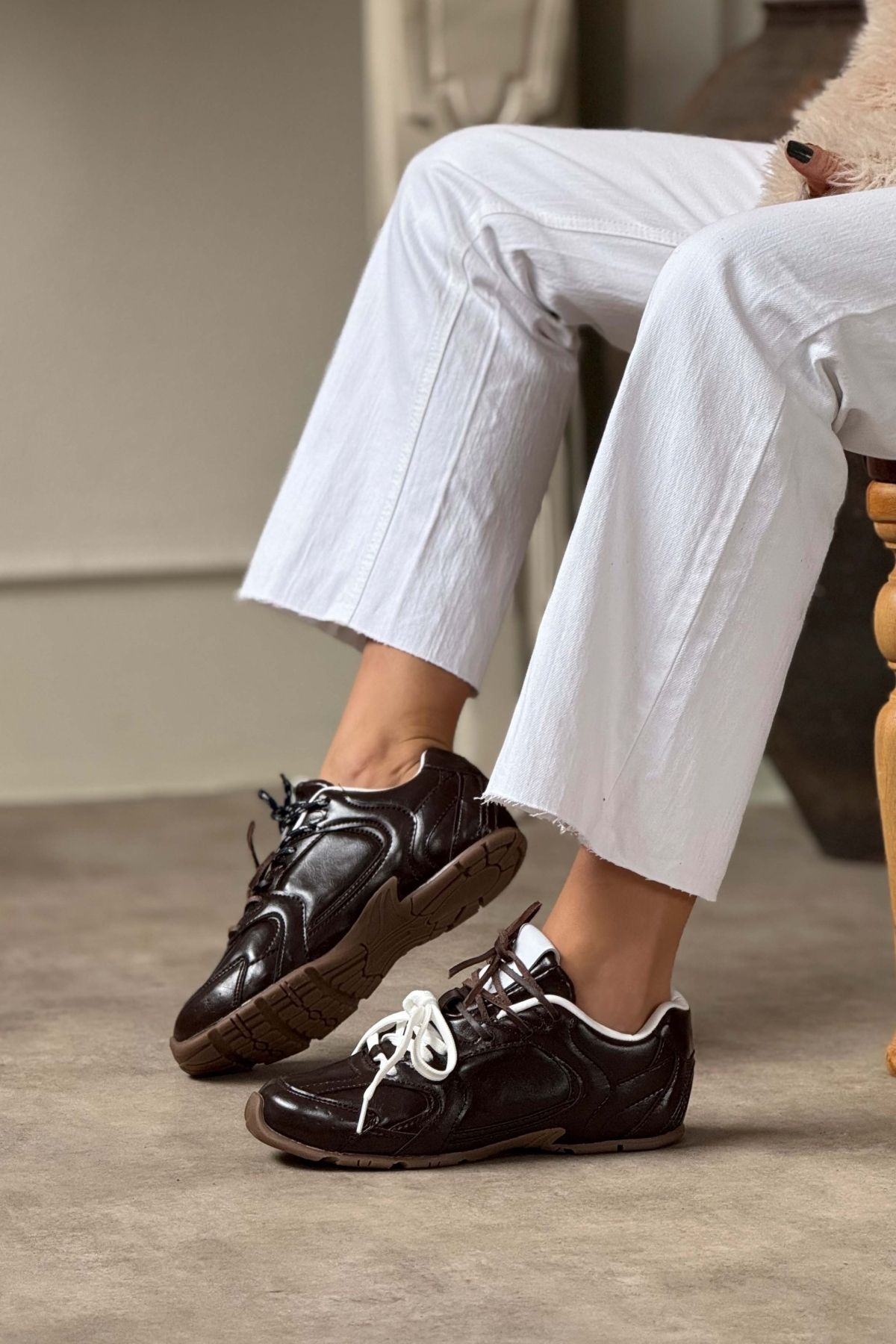 NİŞANTAŞI SHOES-Damskie trampki sznurowane Fabian Brown Matte Flat Sole 4