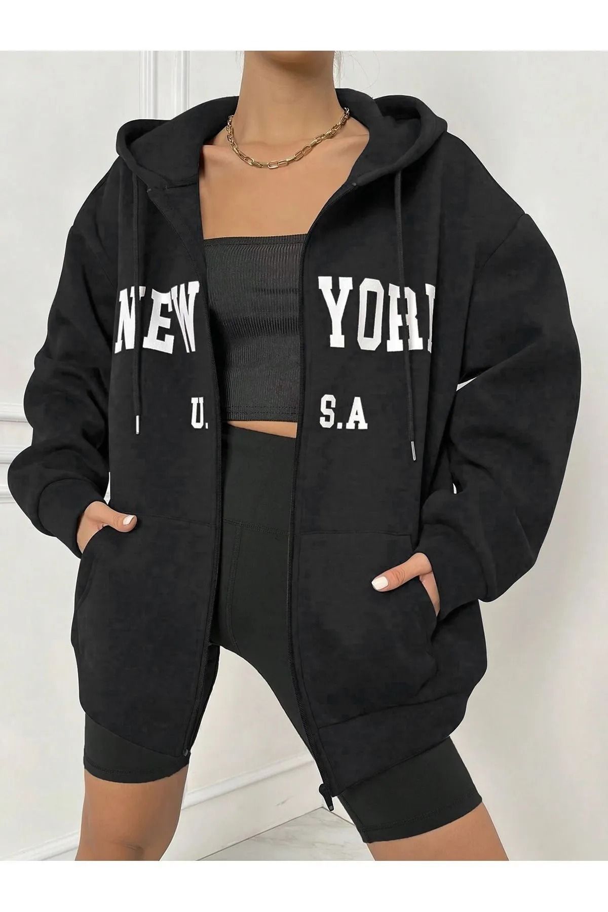 NO 601-Women's Black New York Printed Zippered Hooded Cardigan 1