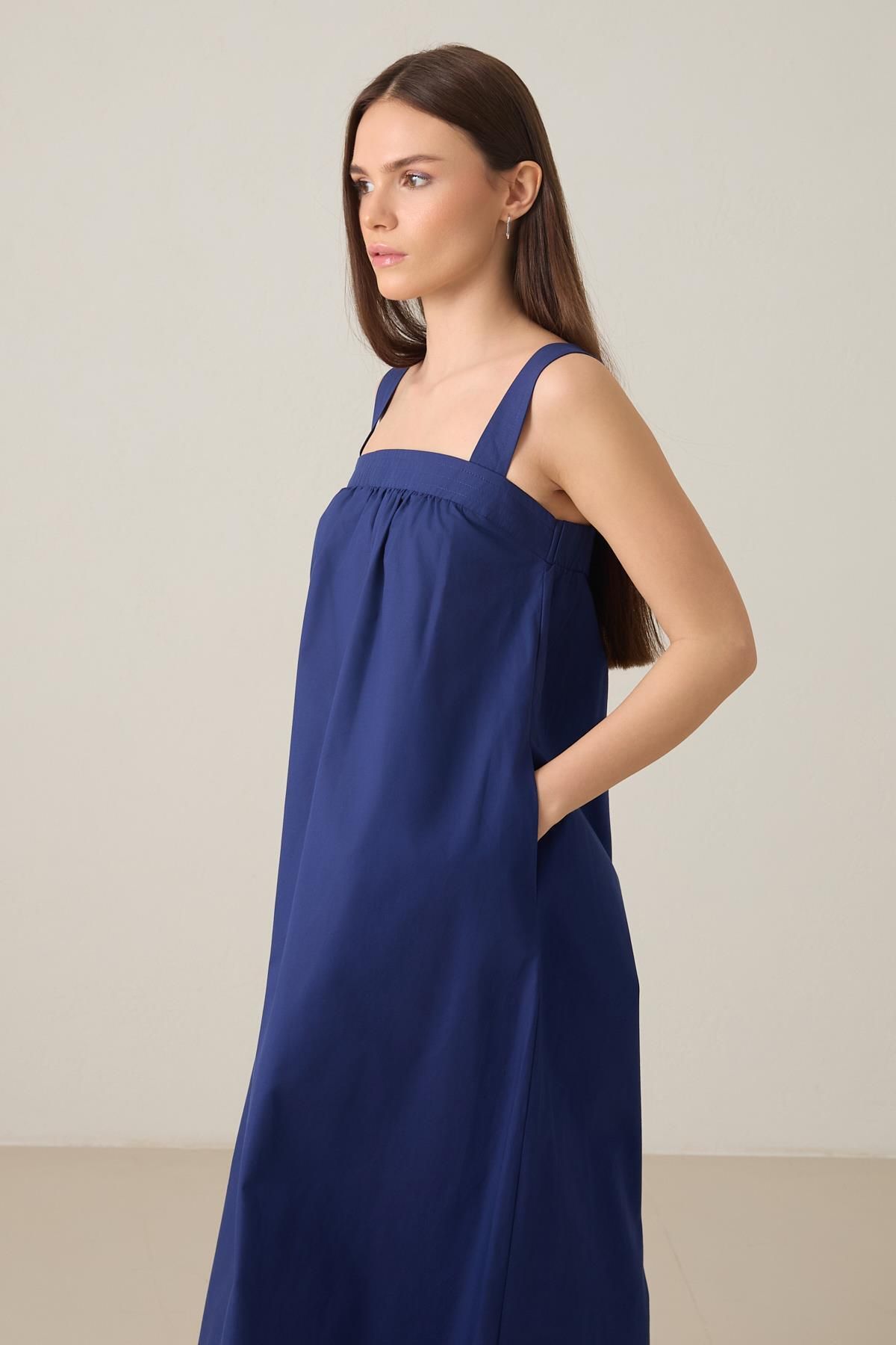Setre-Navy Blue Square Neck Cotton Stitching Detail Midi Length Dress 3