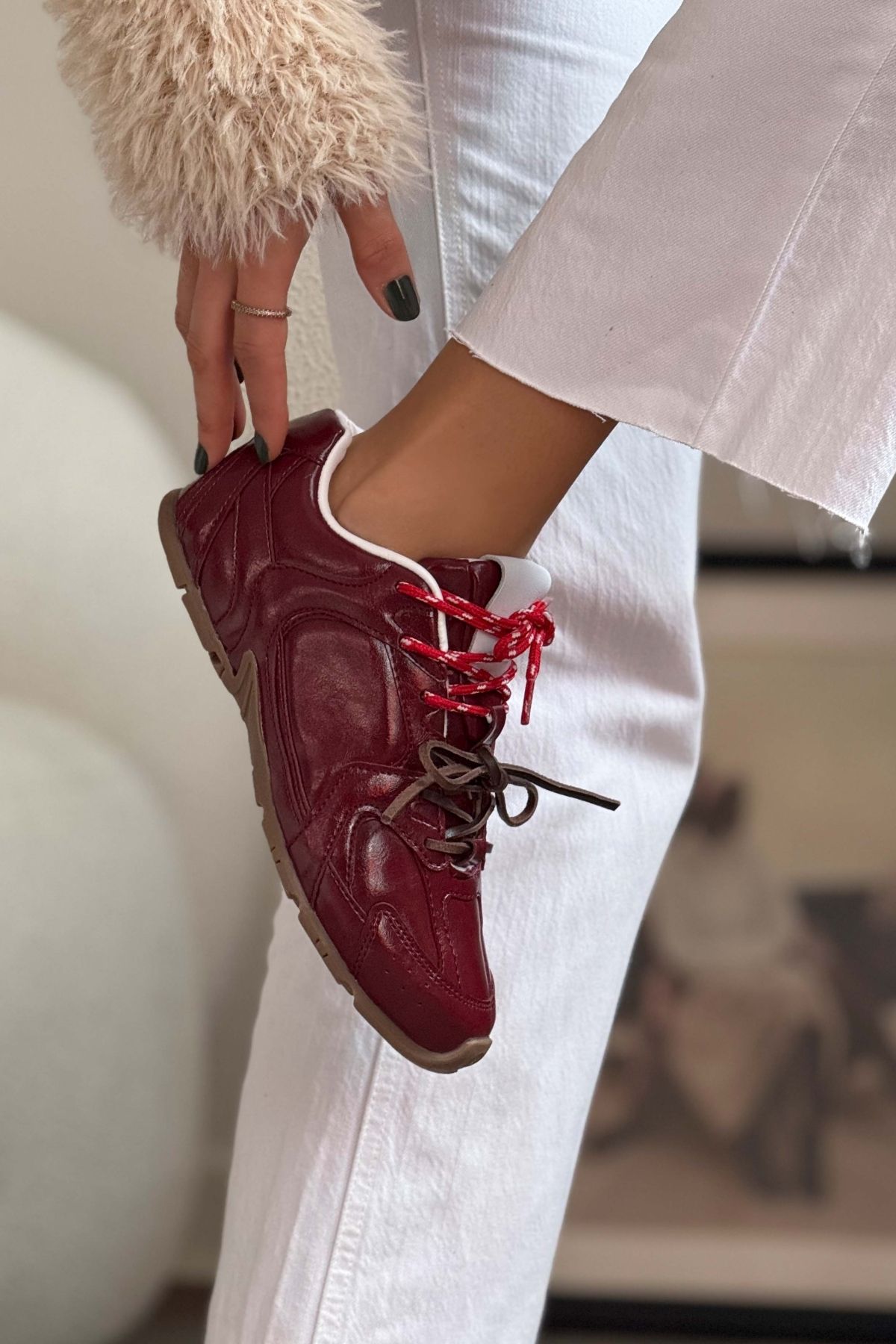 NİŞANTAŞI SHOES-Дамски кецове Fabian Claret Red Matte Flat Sole 5